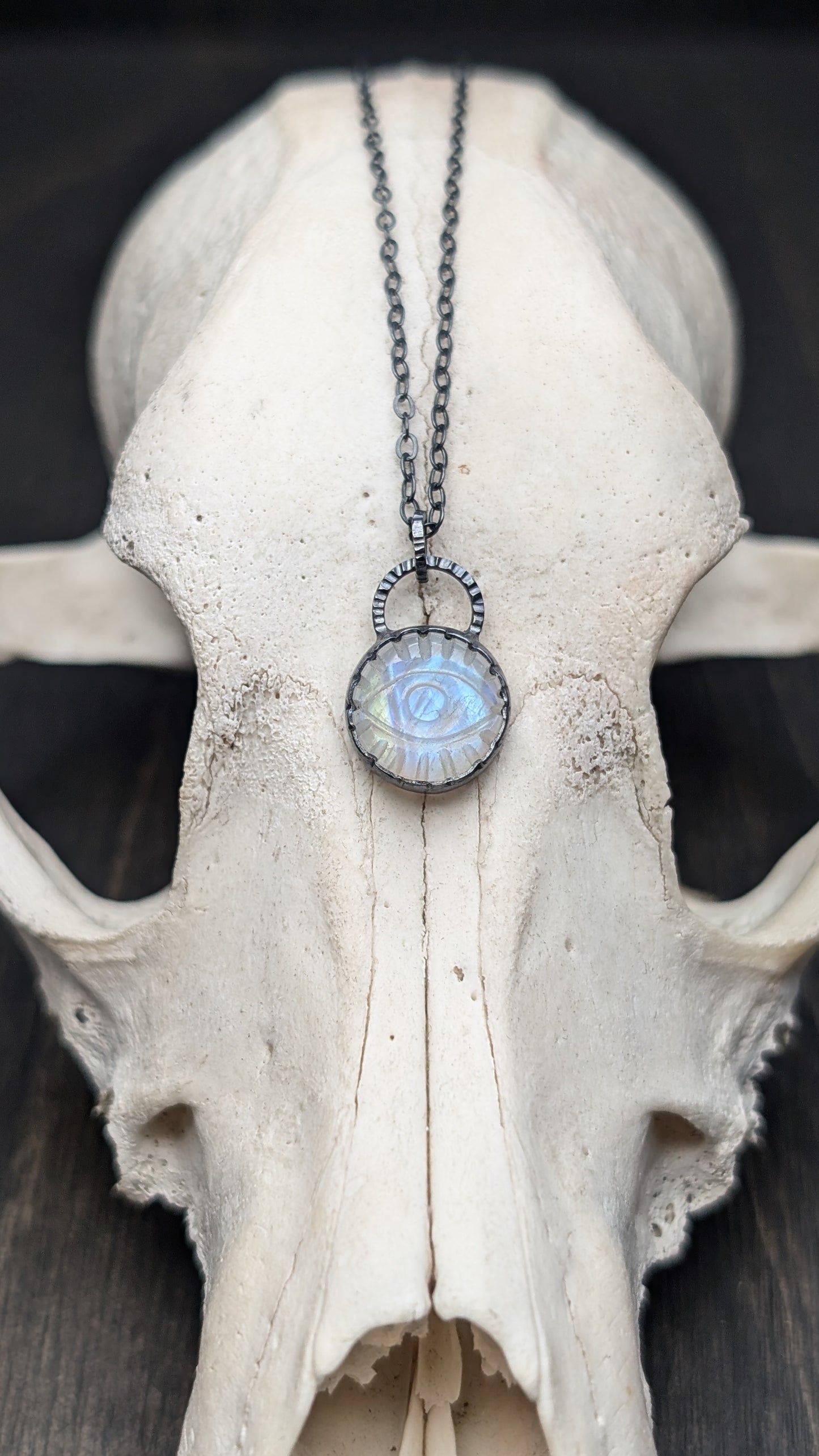 Small Round Evil Eye Rainbow Moonston Textured Sterling Silver Necklace
