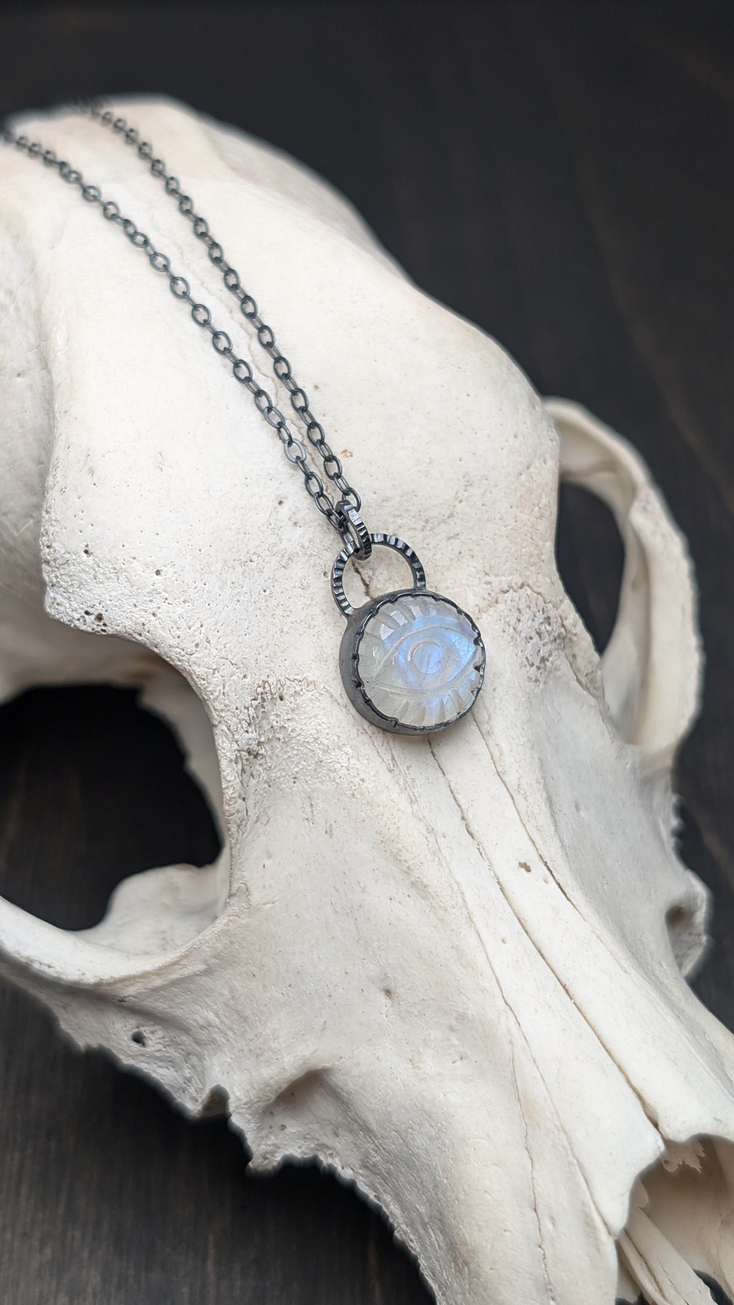 Small Round Evil Eye Rainbow Moonston Textured Sterling Silver Necklace