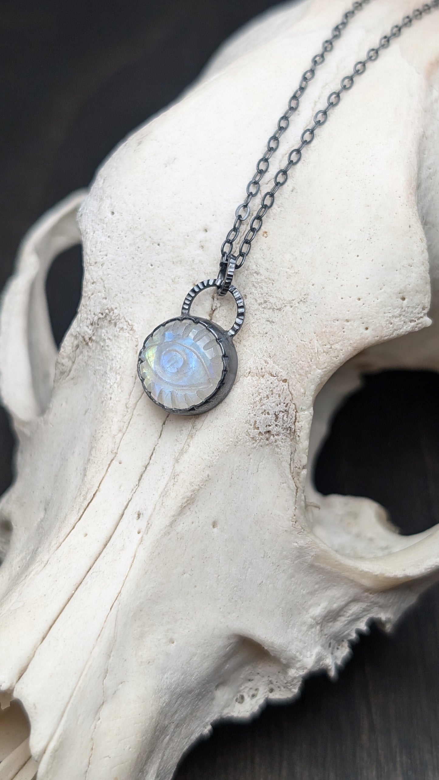 Small Round Evil Eye Rainbow Moonston Textured Sterling Silver Necklace