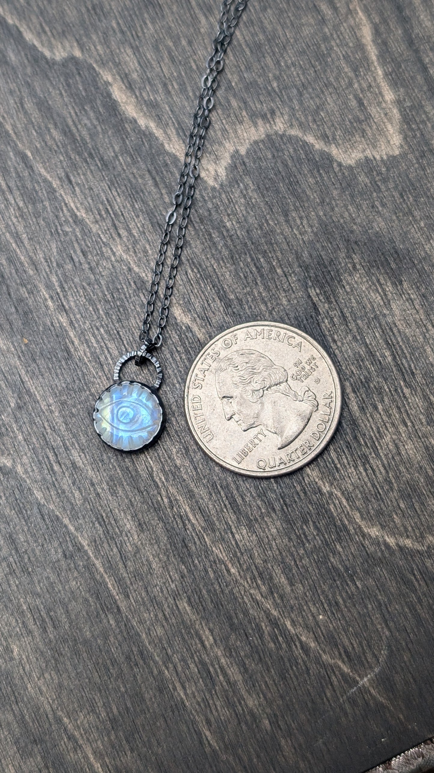 Small Round Evil Eye Rainbow Moonston Textured Sterling Silver Necklace