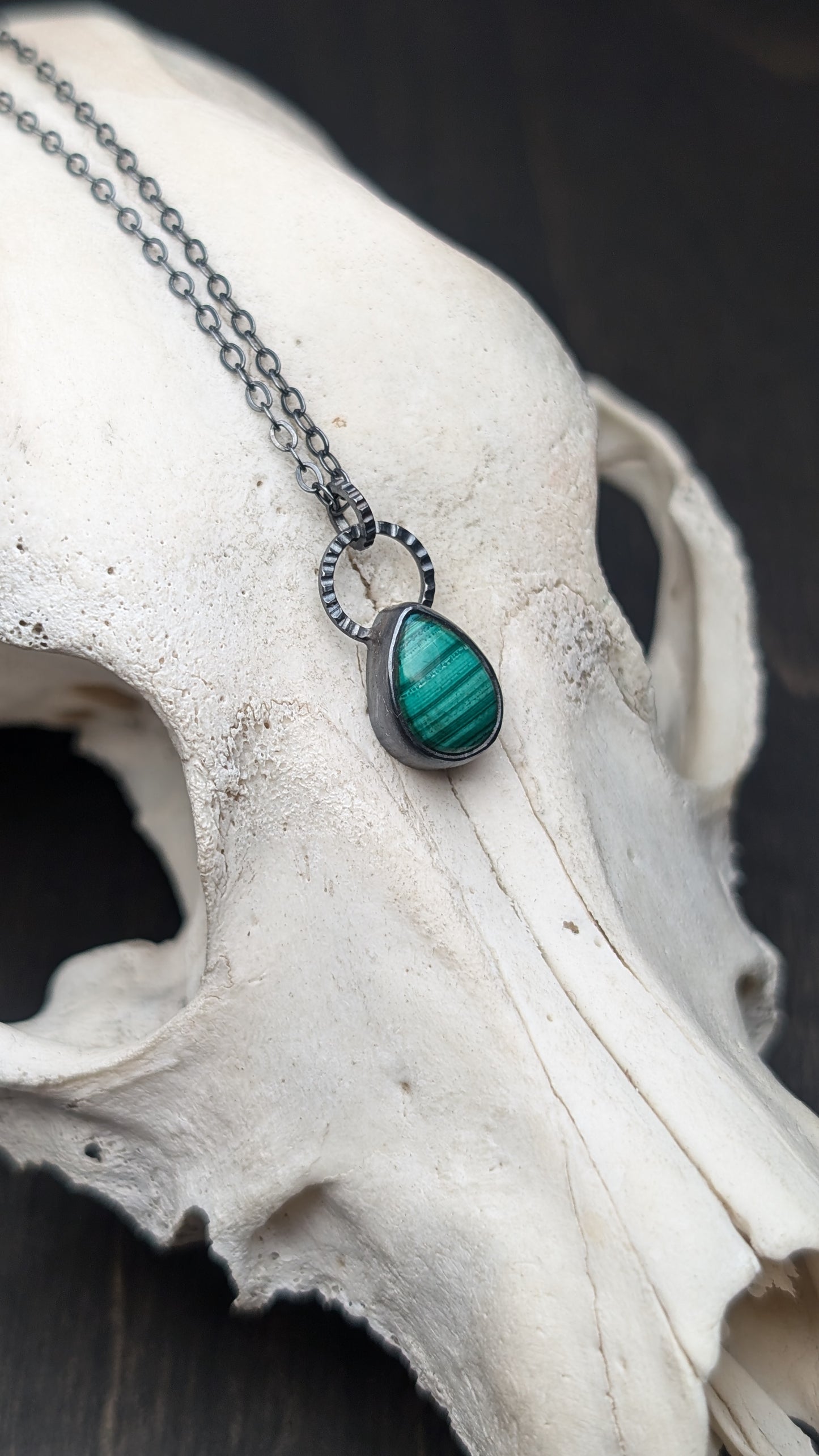 Small Teardrop Malachite Textured Sterling Silver Necklace
