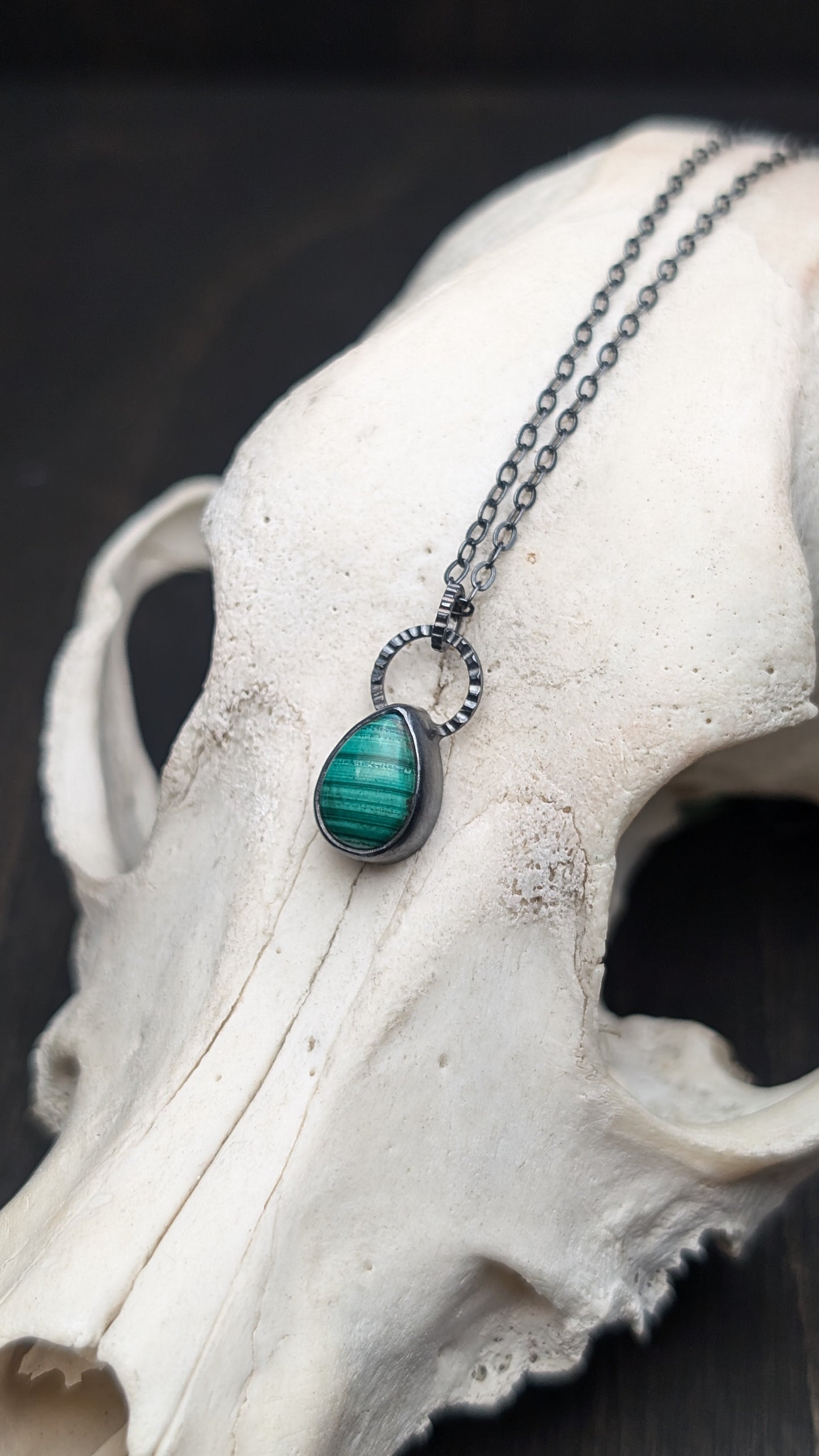 Small Teardrop Malachite Textured Sterling Silver Necklace