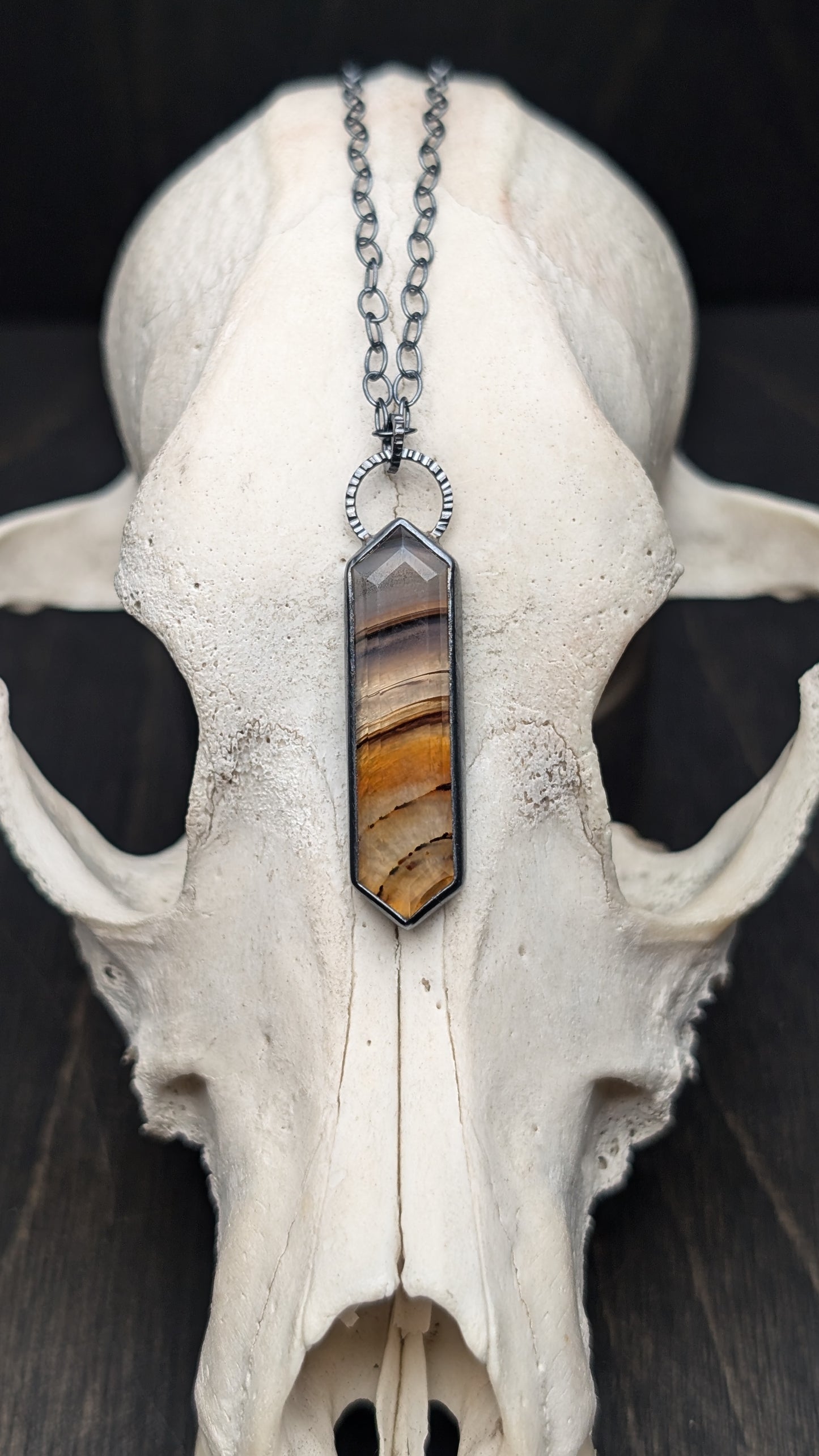 Montana Agate Step Cut Long Tablet Textured Sterling Silver Necklace