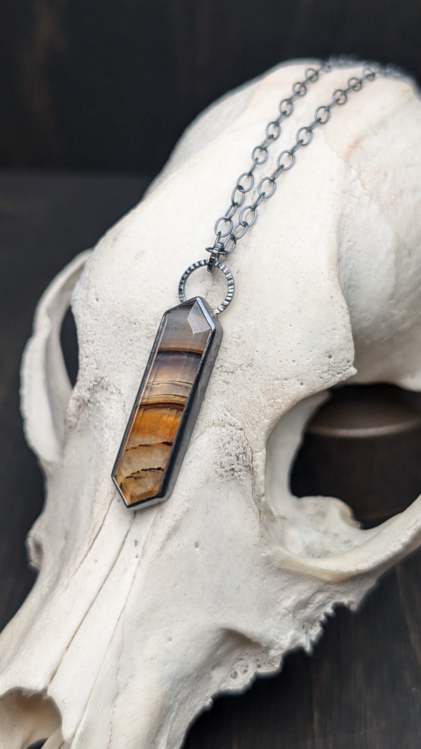 Montana Agate Step Cut Long Tablet Textured Sterling Silver Necklace