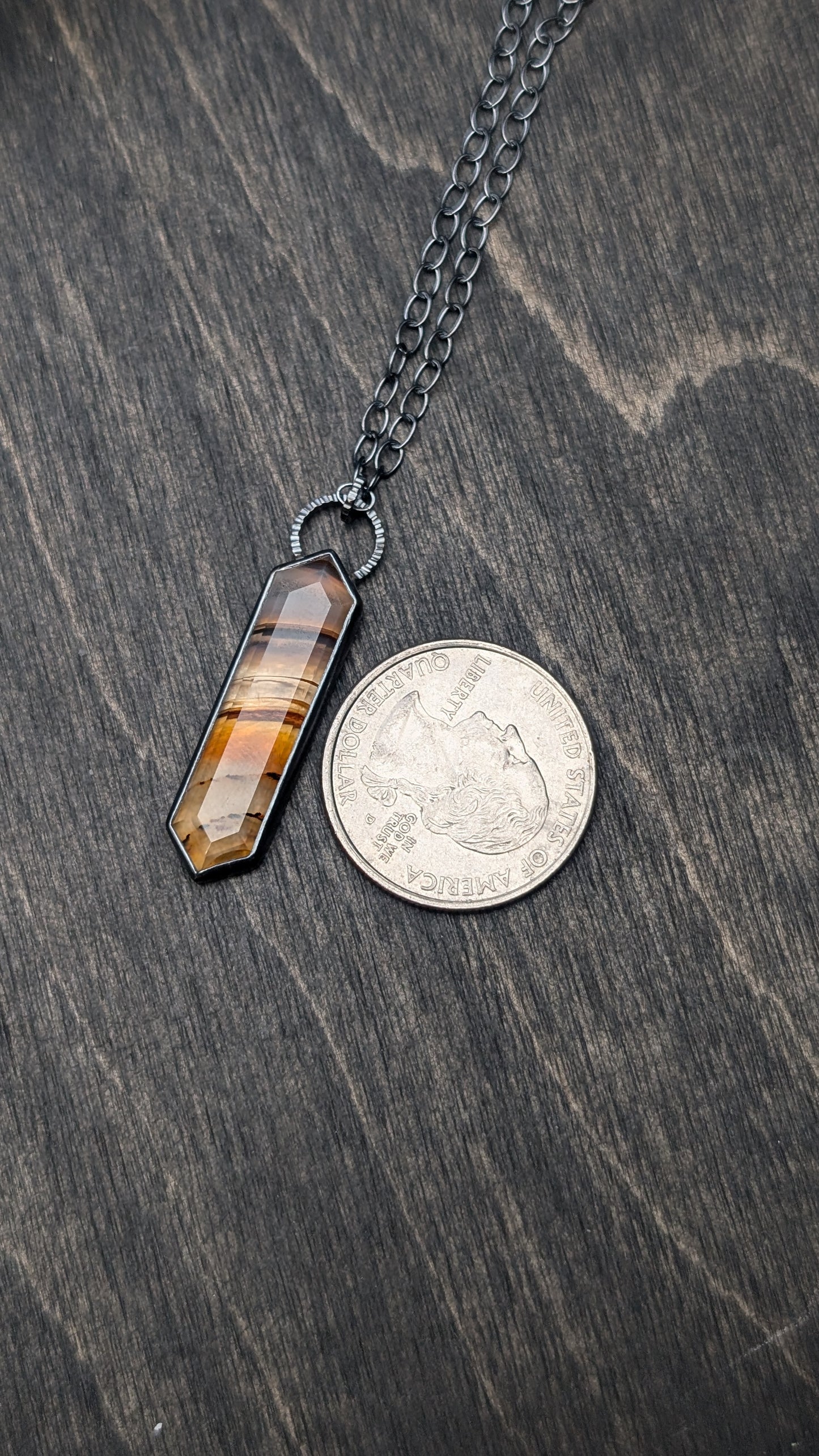 Montana Agate Step Cut Long Tablet Textured Sterling Silver Necklace
