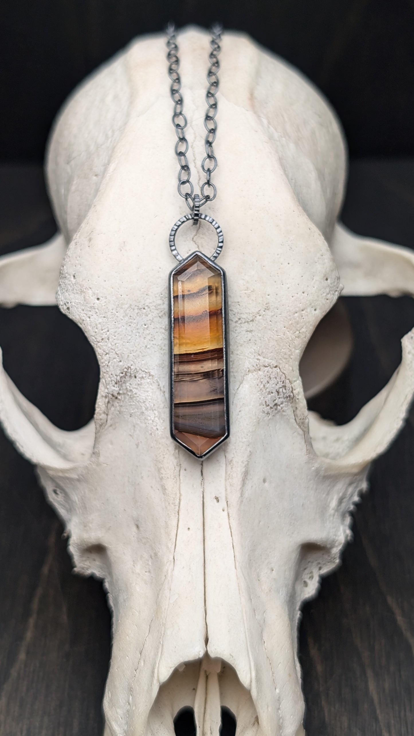 Montana Agate Step Cut Long Tablet Textured Sterling Silver Necklace