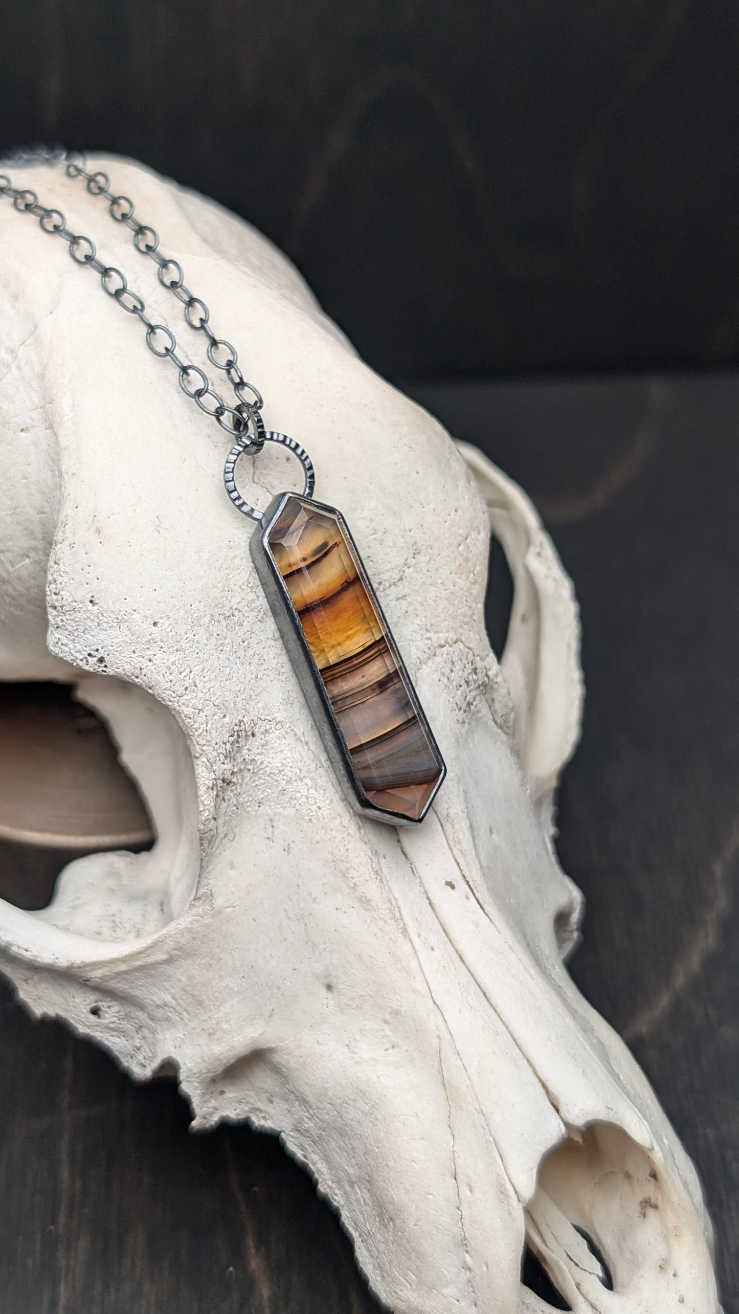Montana Agate Step Cut Long Tablet Textured Sterling Silver Necklace