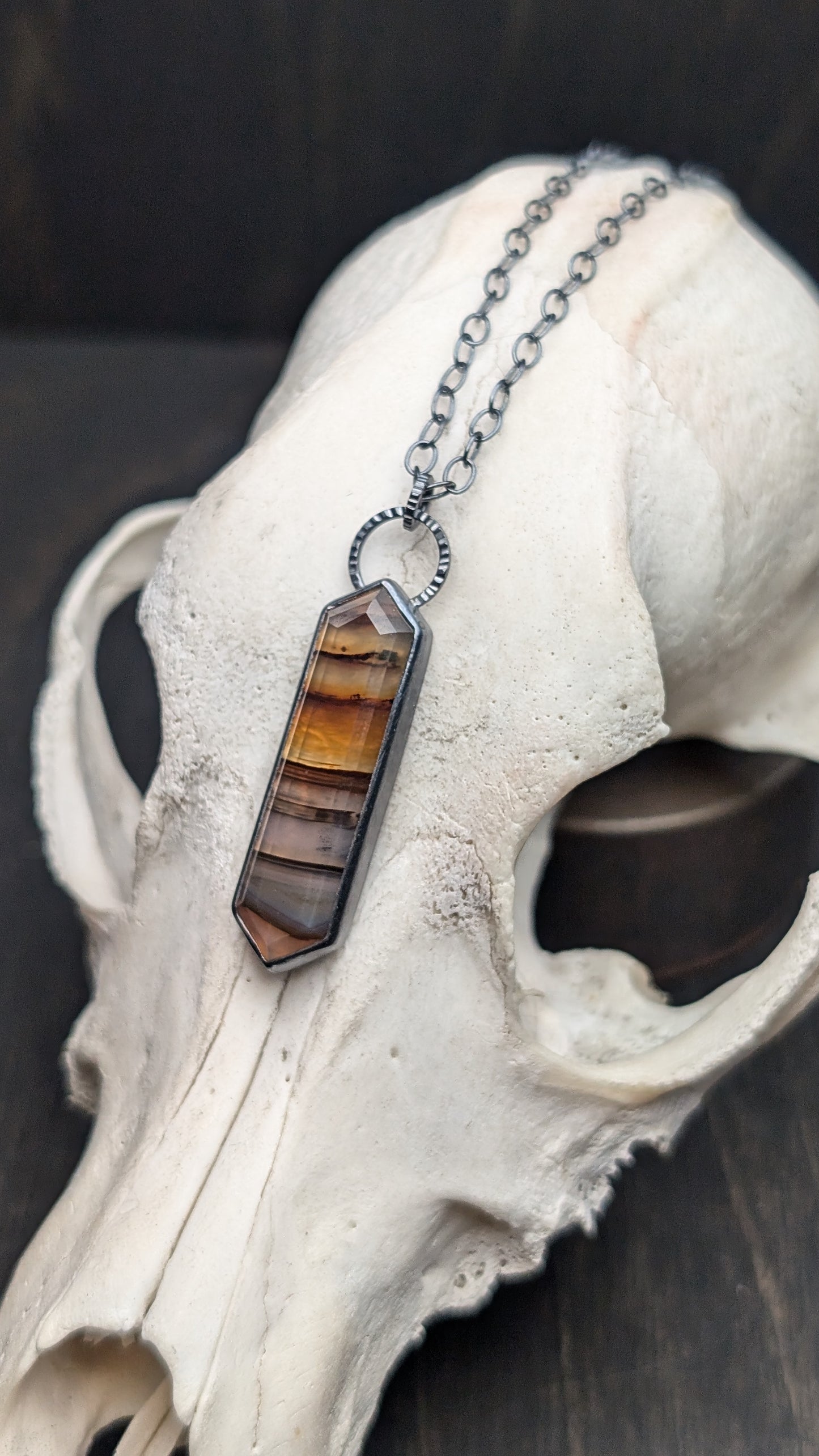 Montana Agate Step Cut Long Tablet Textured Sterling Silver Necklace