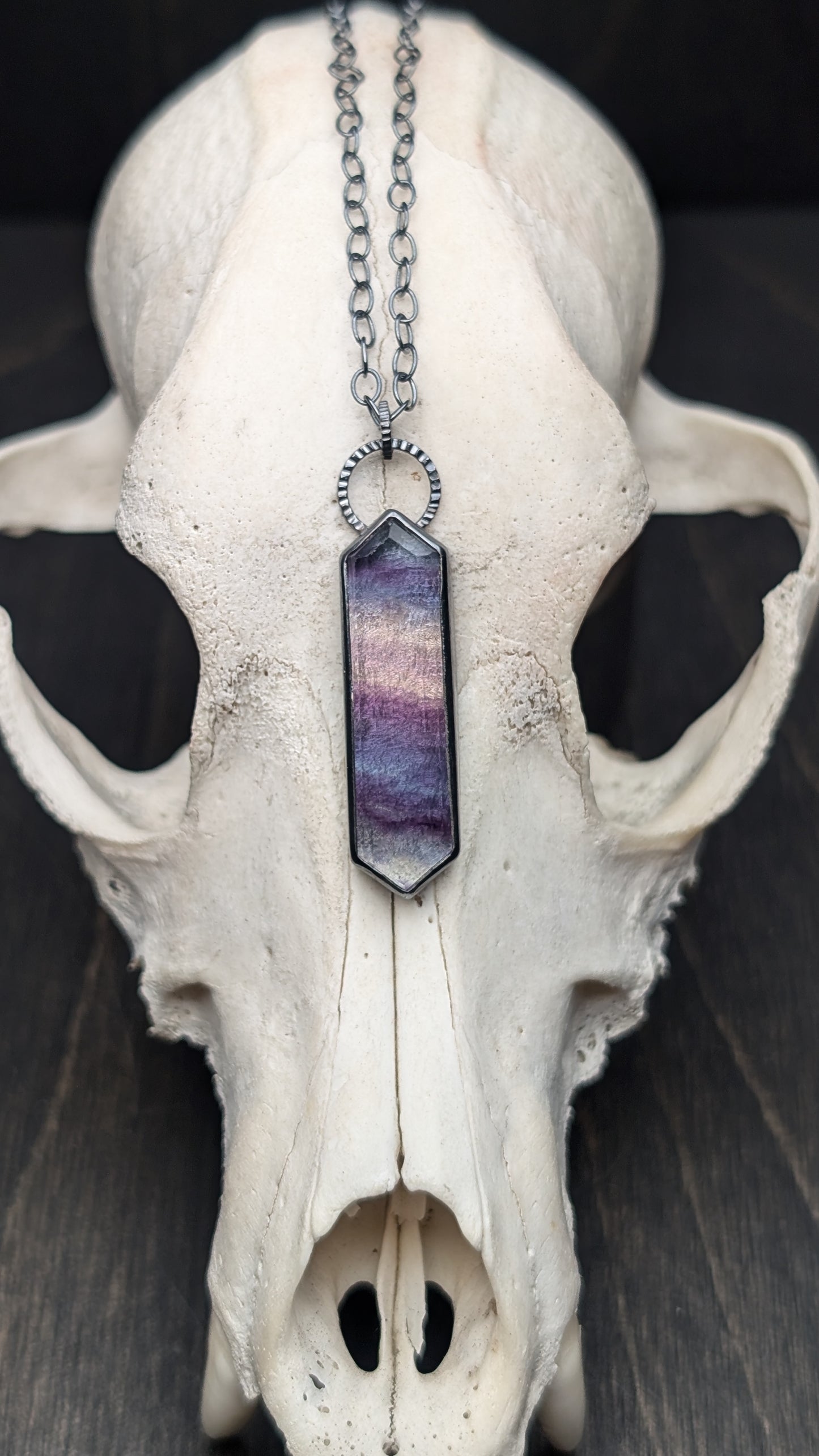 Fluorite Step Cut Long Tablet Textured Sterling Silver Necklace