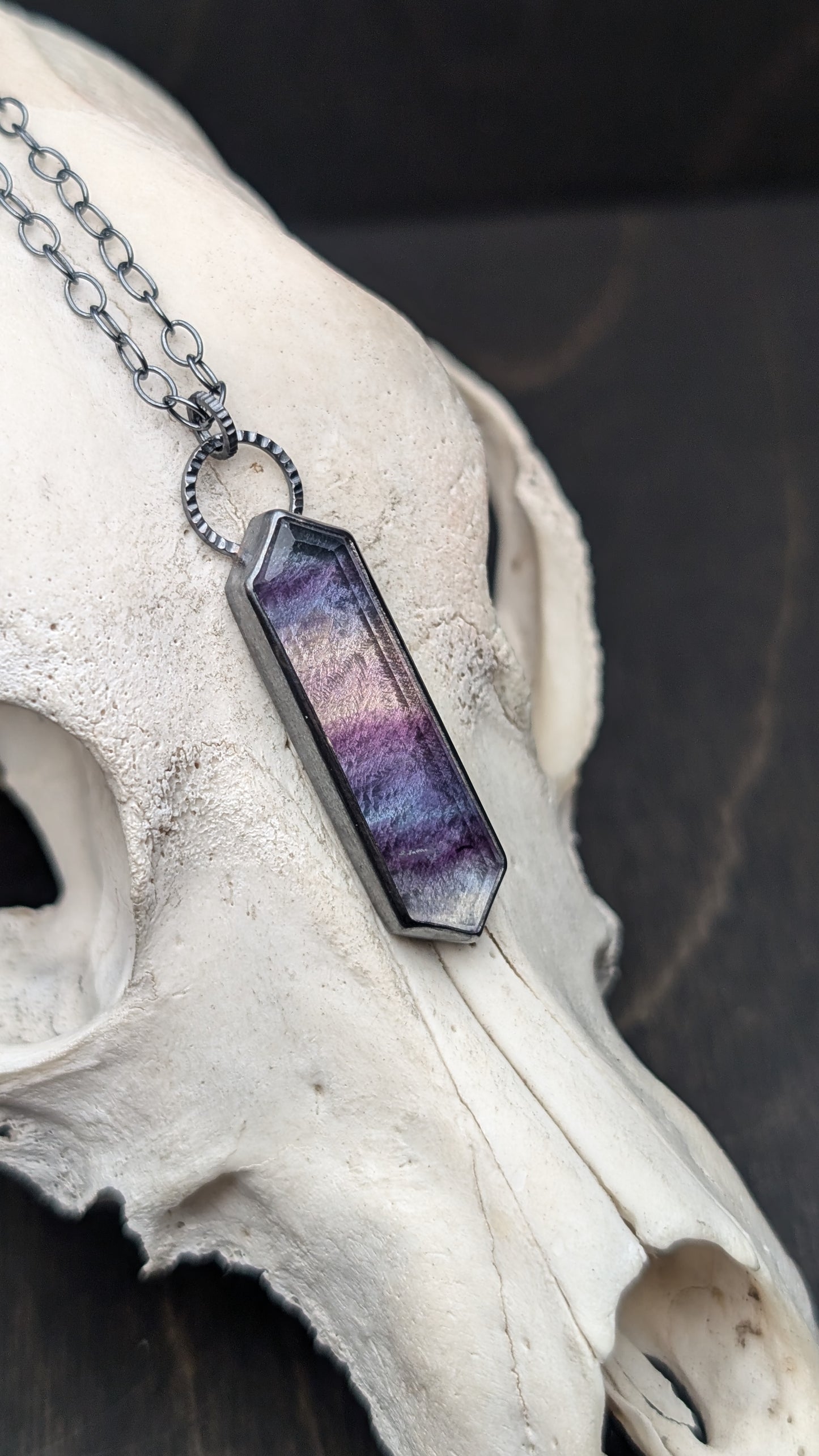 Fluorite Step Cut Long Tablet Textured Sterling Silver Necklace
