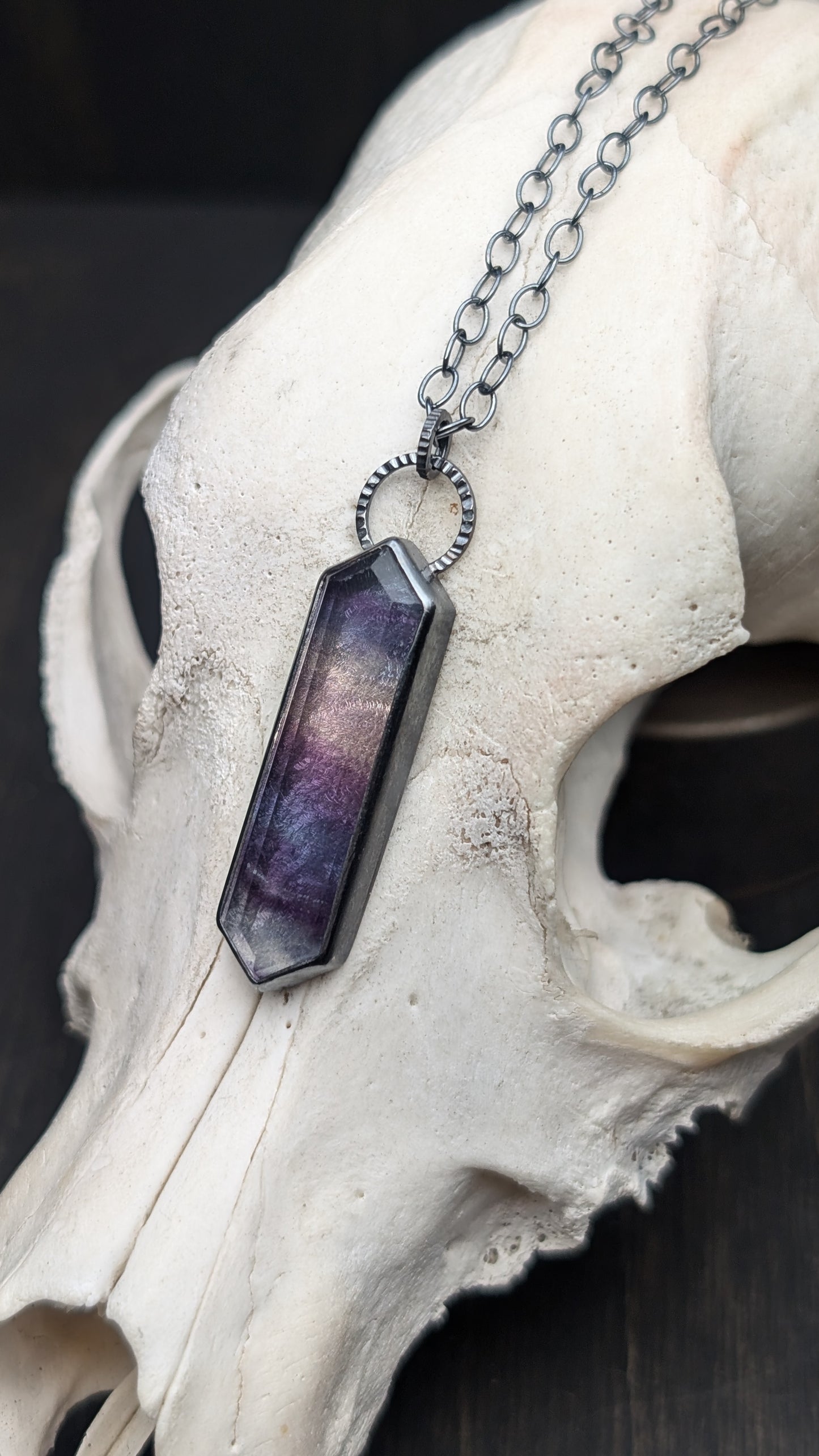 Fluorite Step Cut Long Tablet Textured Sterling Silver Necklace