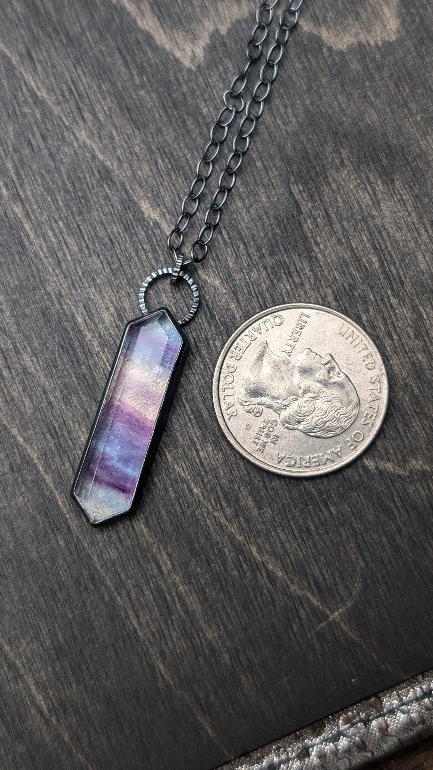 Fluorite Step Cut Long Tablet Textured Sterling Silver Necklace