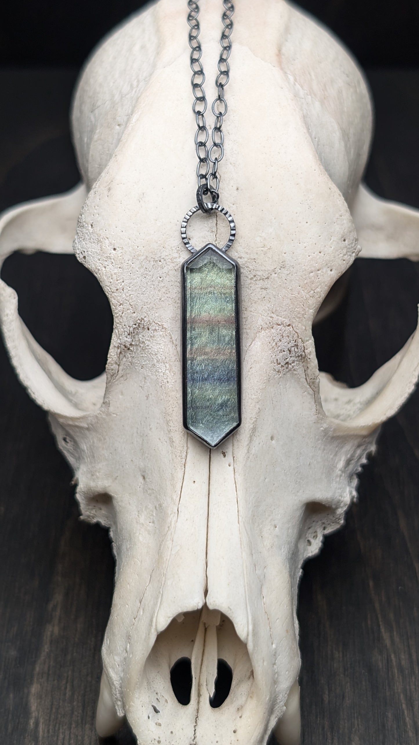 Fluorite Step Cut Long Tablet Textured Sterling Silver Necklace