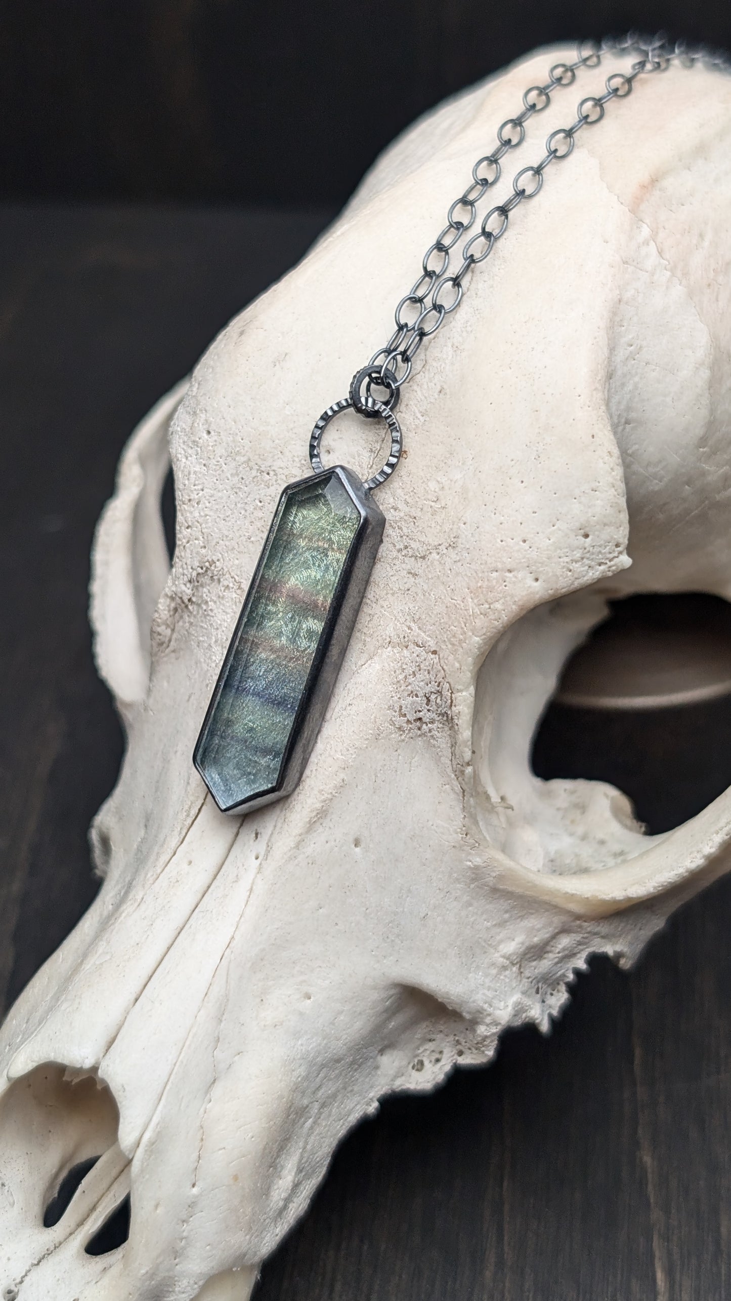Fluorite Step Cut Long Tablet Textured Sterling Silver Necklace