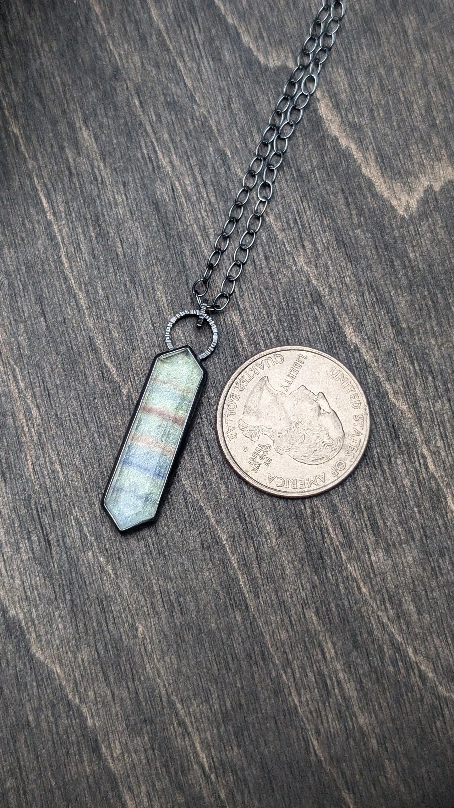 Fluorite Step Cut Long Tablet Textured Sterling Silver Necklace