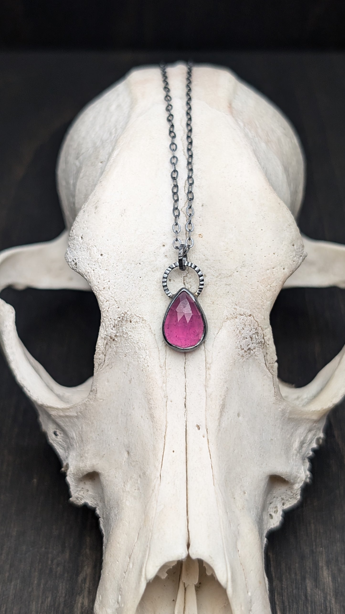 Thailand Pink Sapphire Teardrop Textured Sterling Silver Necklace