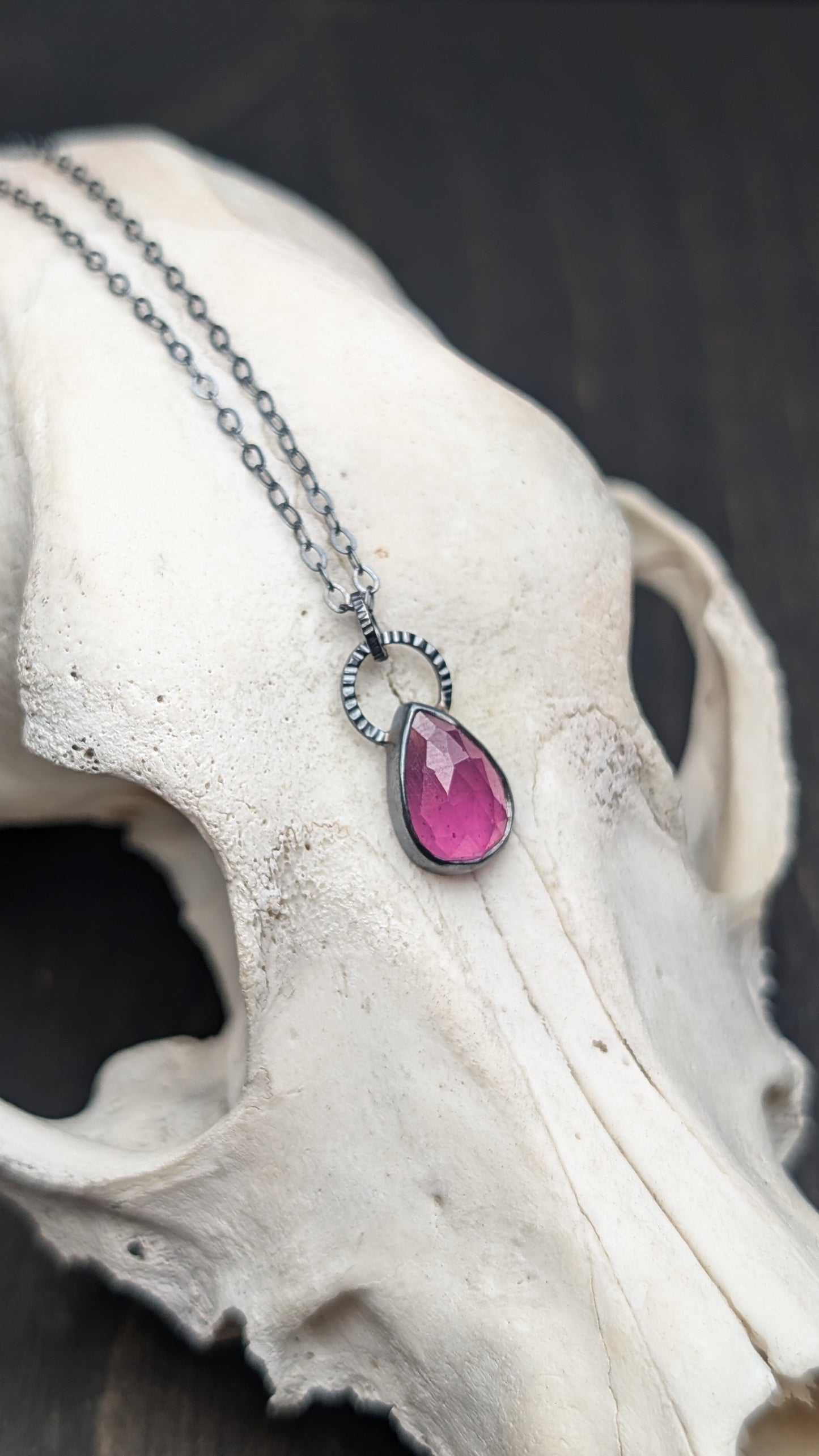 Thailand Pink Sapphire Teardrop Textured Sterling Silver Necklace