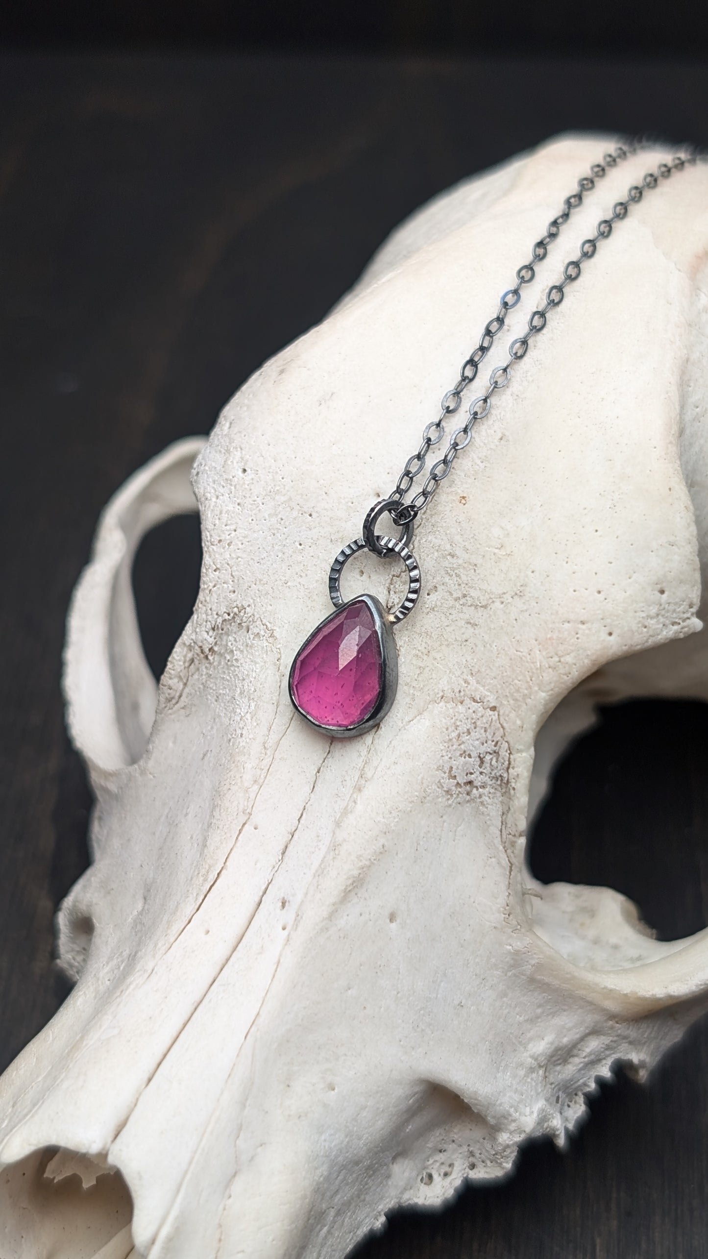 Thailand Pink Sapphire Teardrop Textured Sterling Silver Necklace