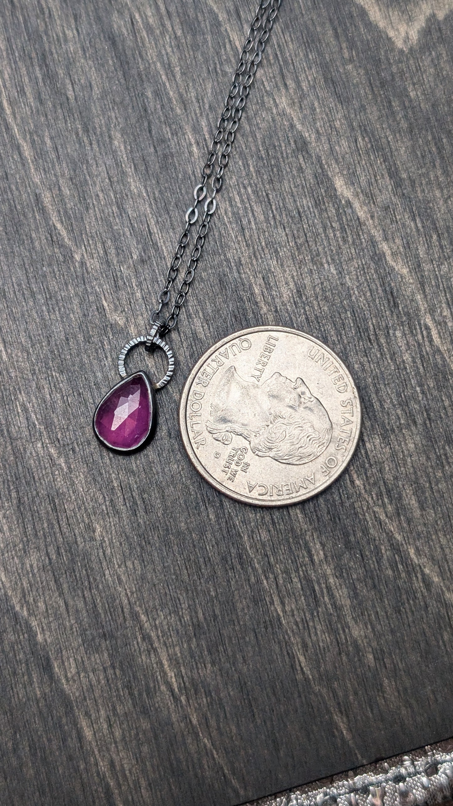 Thailand Pink Sapphire Teardrop Textured Sterling Silver Necklace
