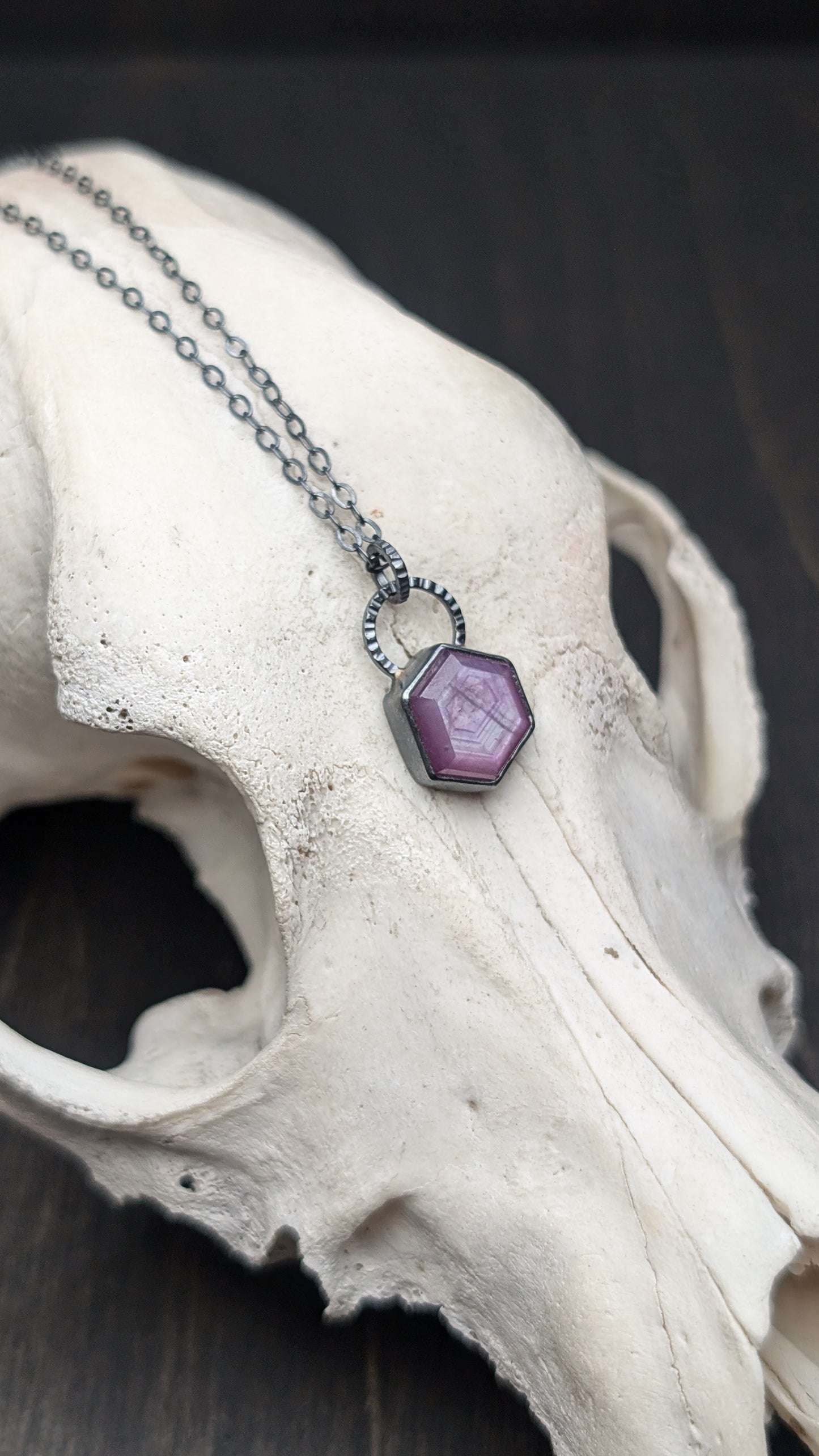 Pink Sheen Sapphire Hexagon Textured Sterling Silver Necklace
