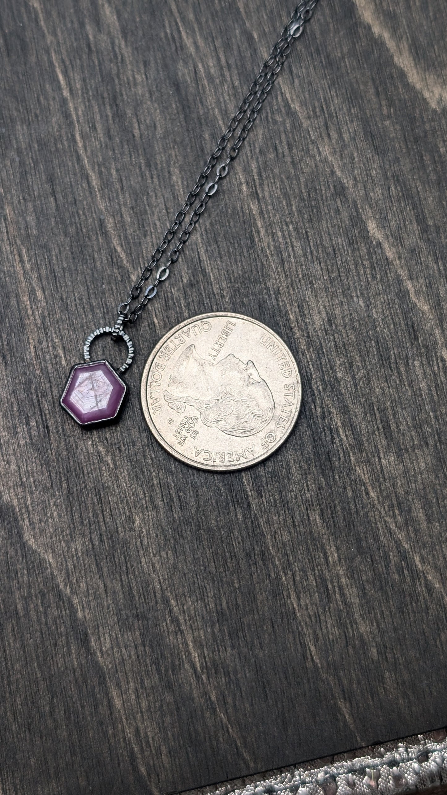 Pink Sheen Sapphire Hexagon Textured Sterling Silver Necklace