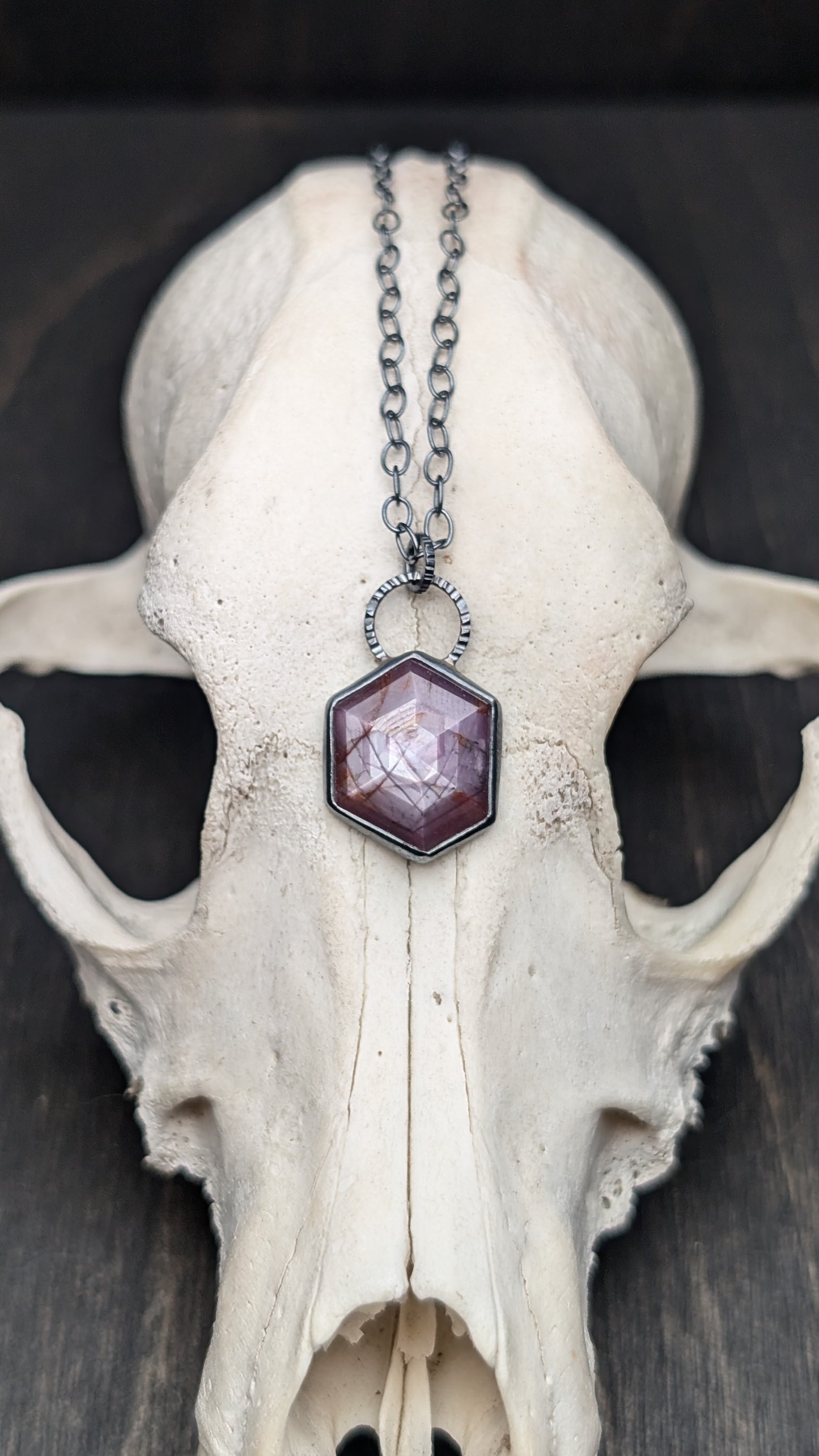Pink Sheen Sapphire Hexagon Textured Sterling Silver Necklace