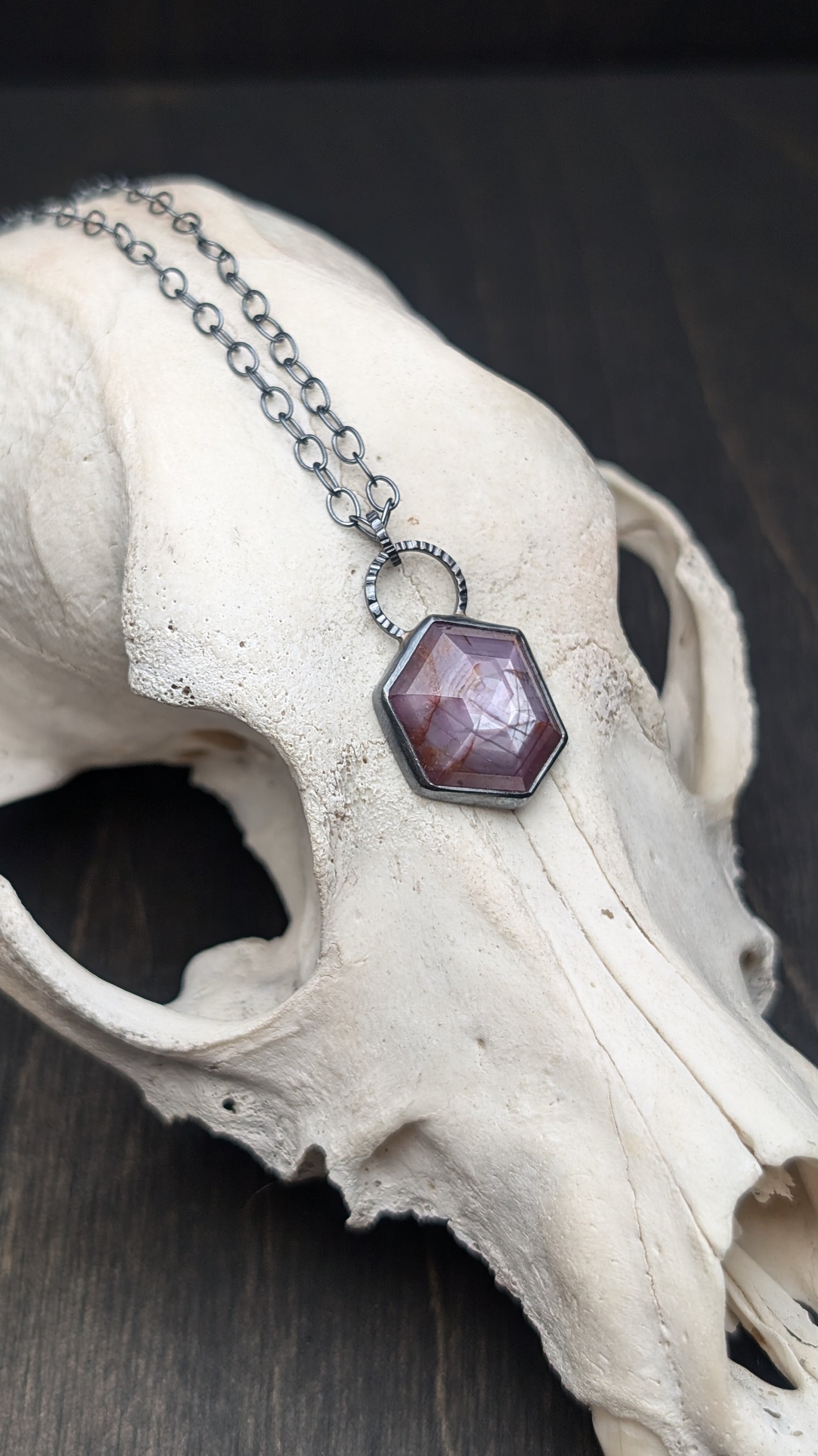 Pink Sheen Sapphire Hexagon Textured Sterling Silver Necklace