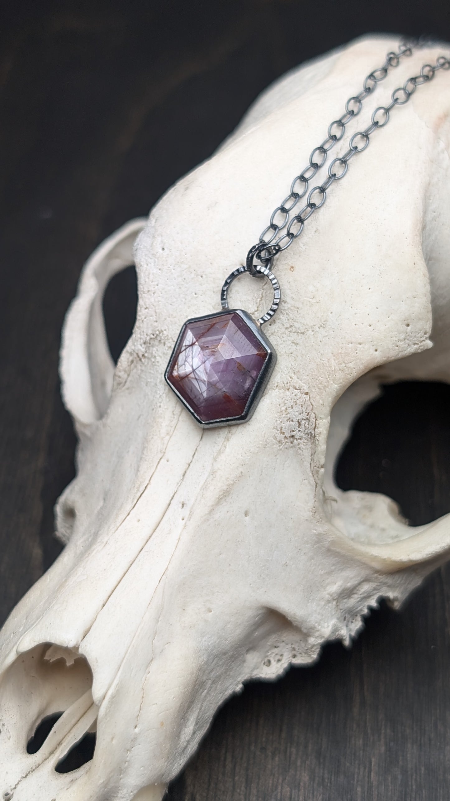 Pink Sheen Sapphire Hexagon Textured Sterling Silver Necklace