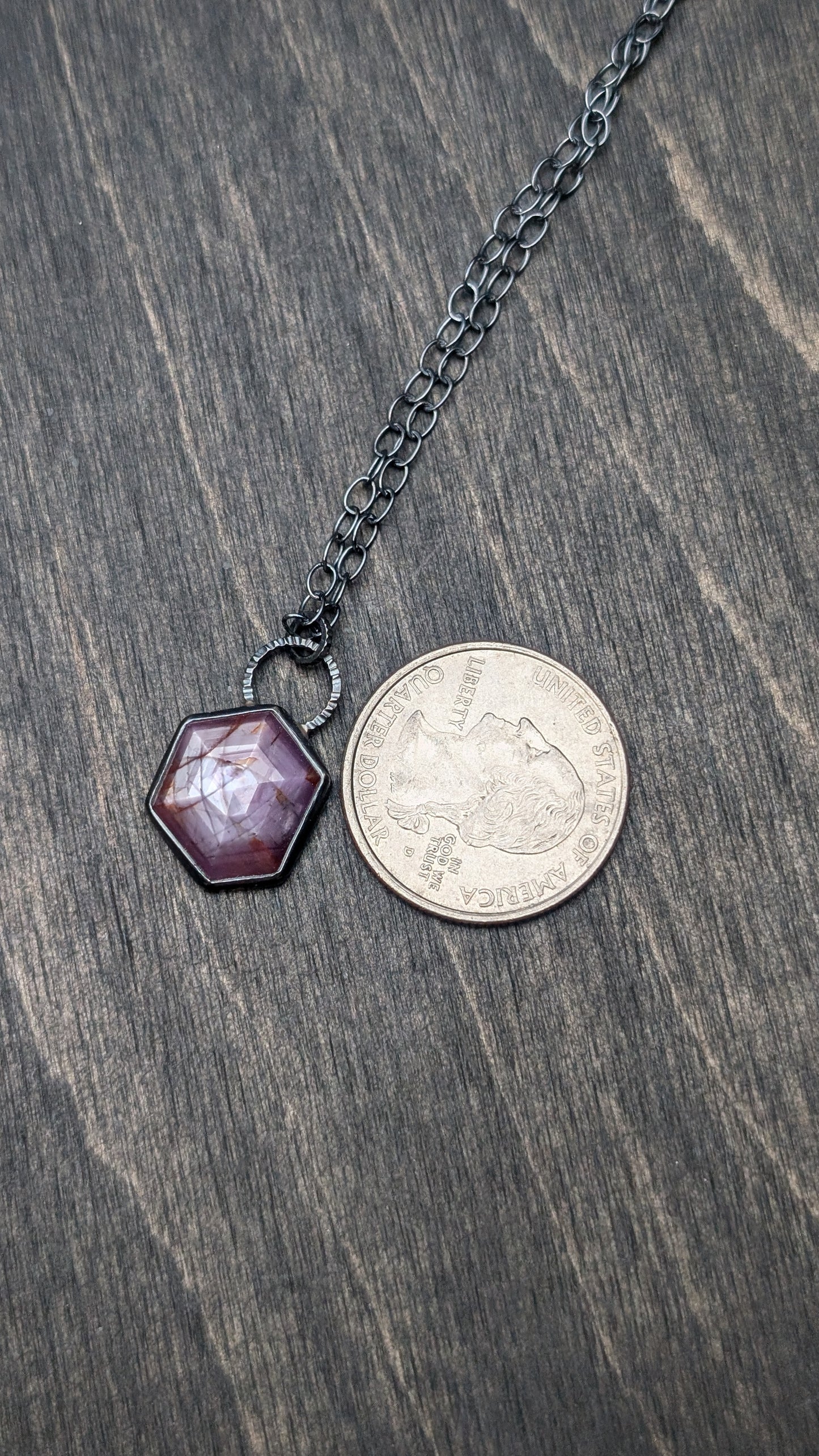 Pink Sheen Sapphire Hexagon Textured Sterling Silver Necklace
