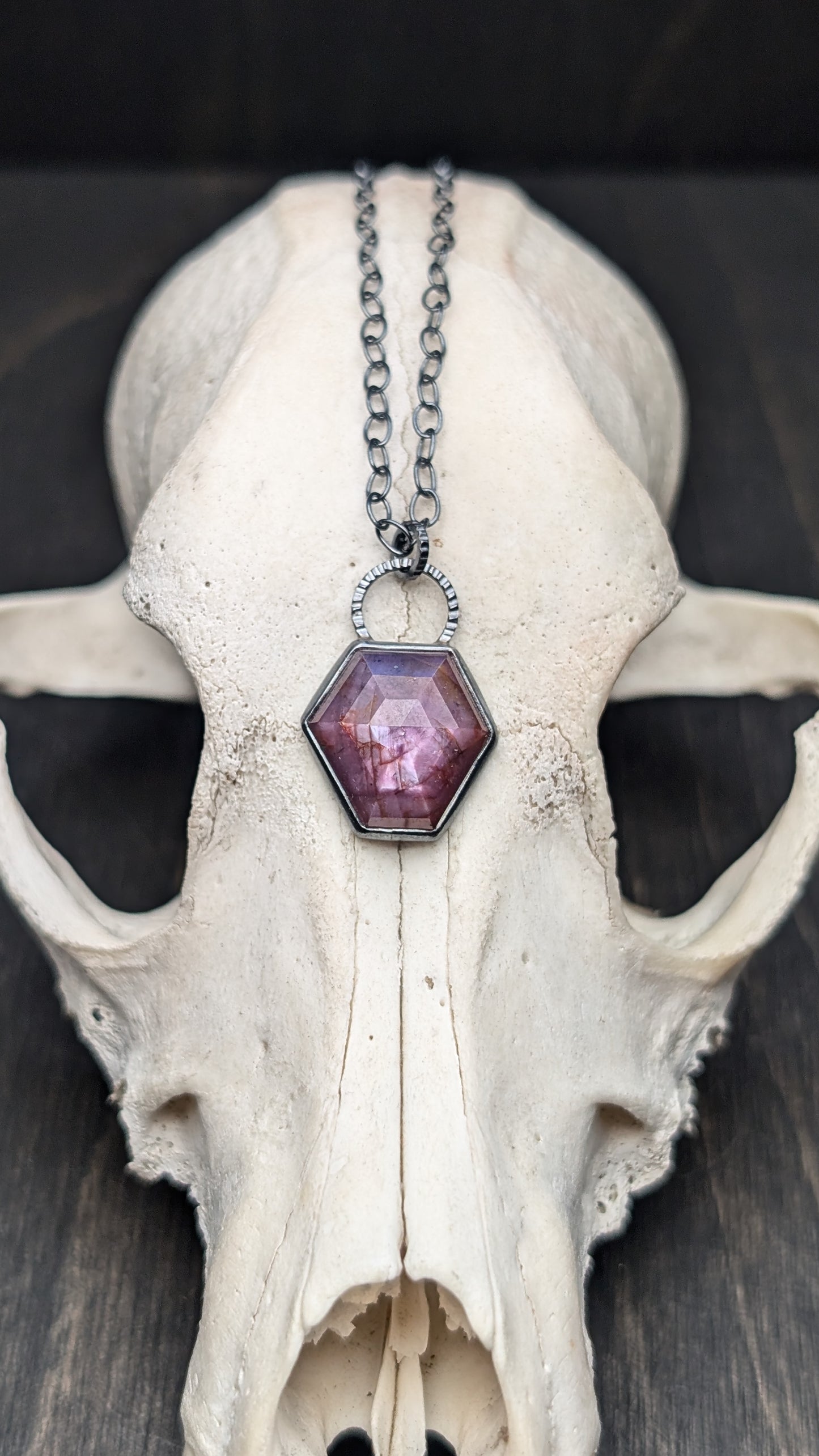 Pink Sheen Sapphire Hexagon Textured Sterling Silver Necklace