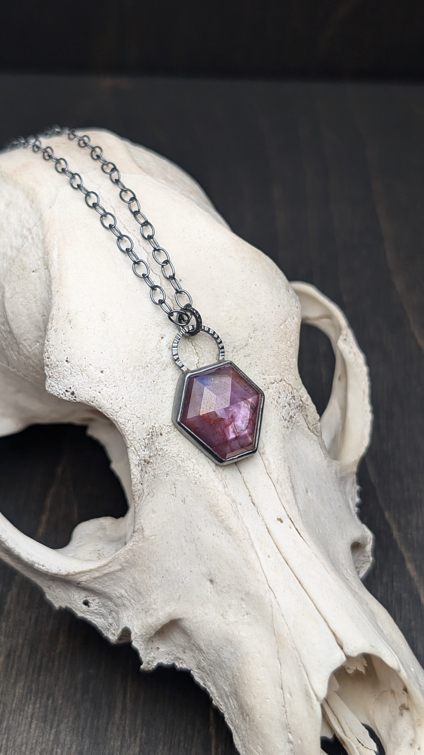 Pink Sheen Sapphire Hexagon Textured Sterling Silver Necklace