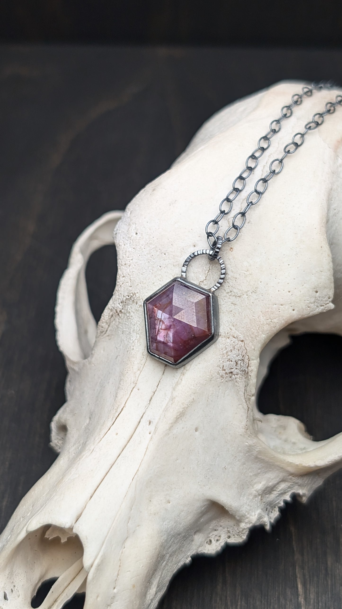 Pink Sheen Sapphire Hexagon Textured Sterling Silver Necklace