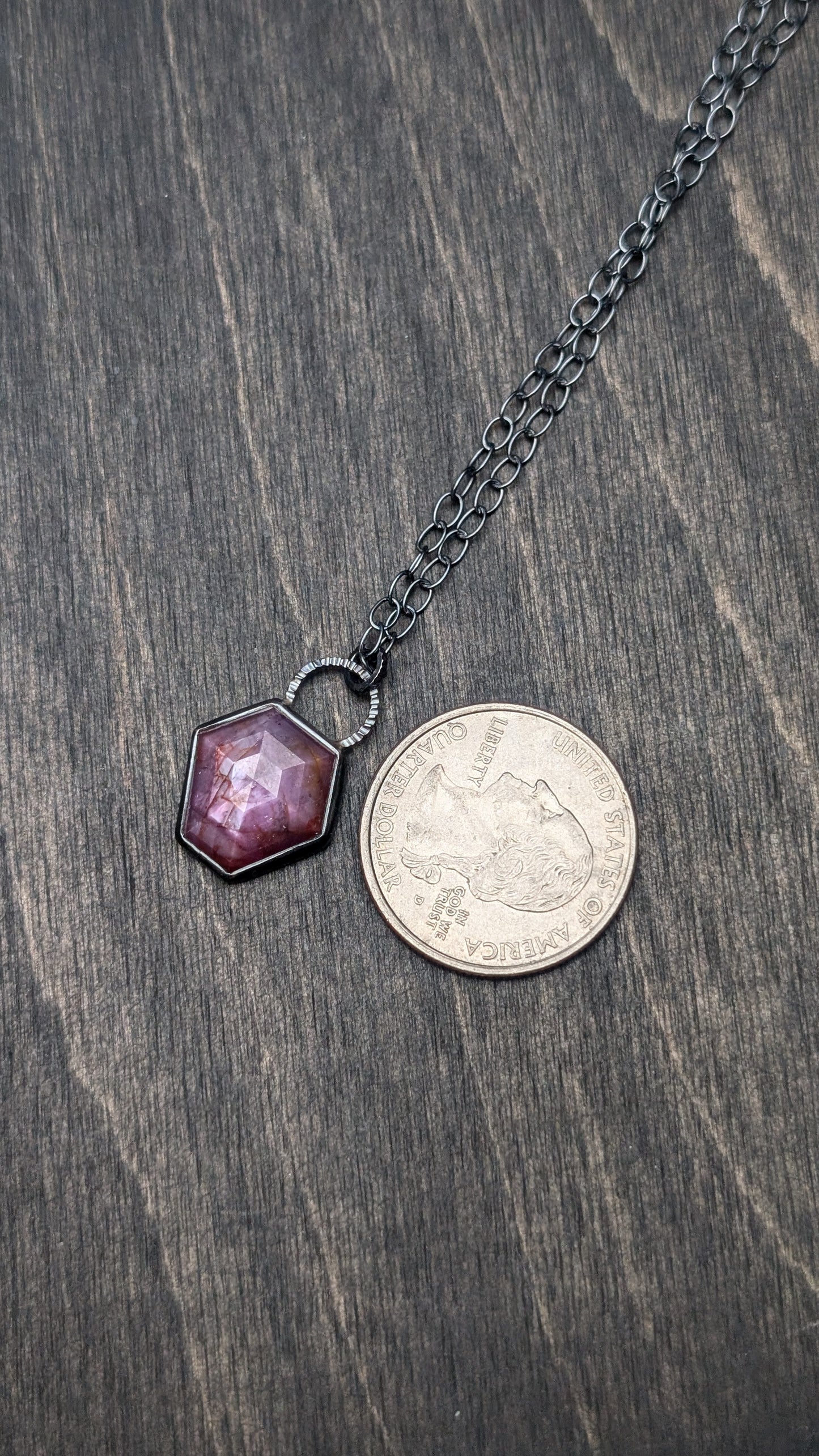 Pink Sheen Sapphire Hexagon Textured Sterling Silver Necklace