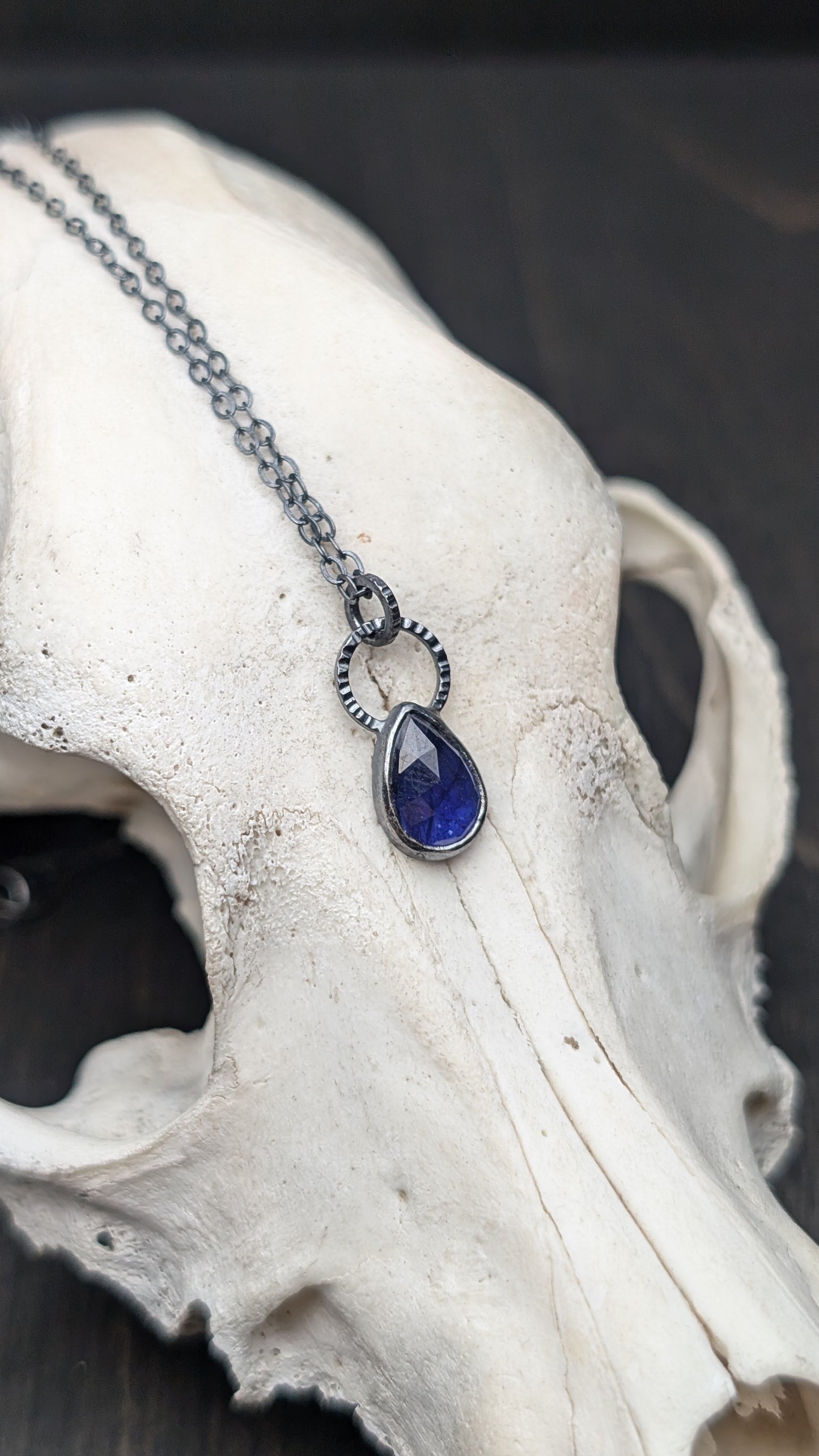 Thailand Blue Sapphire Teardrop Textured Sterling Silver Necklace