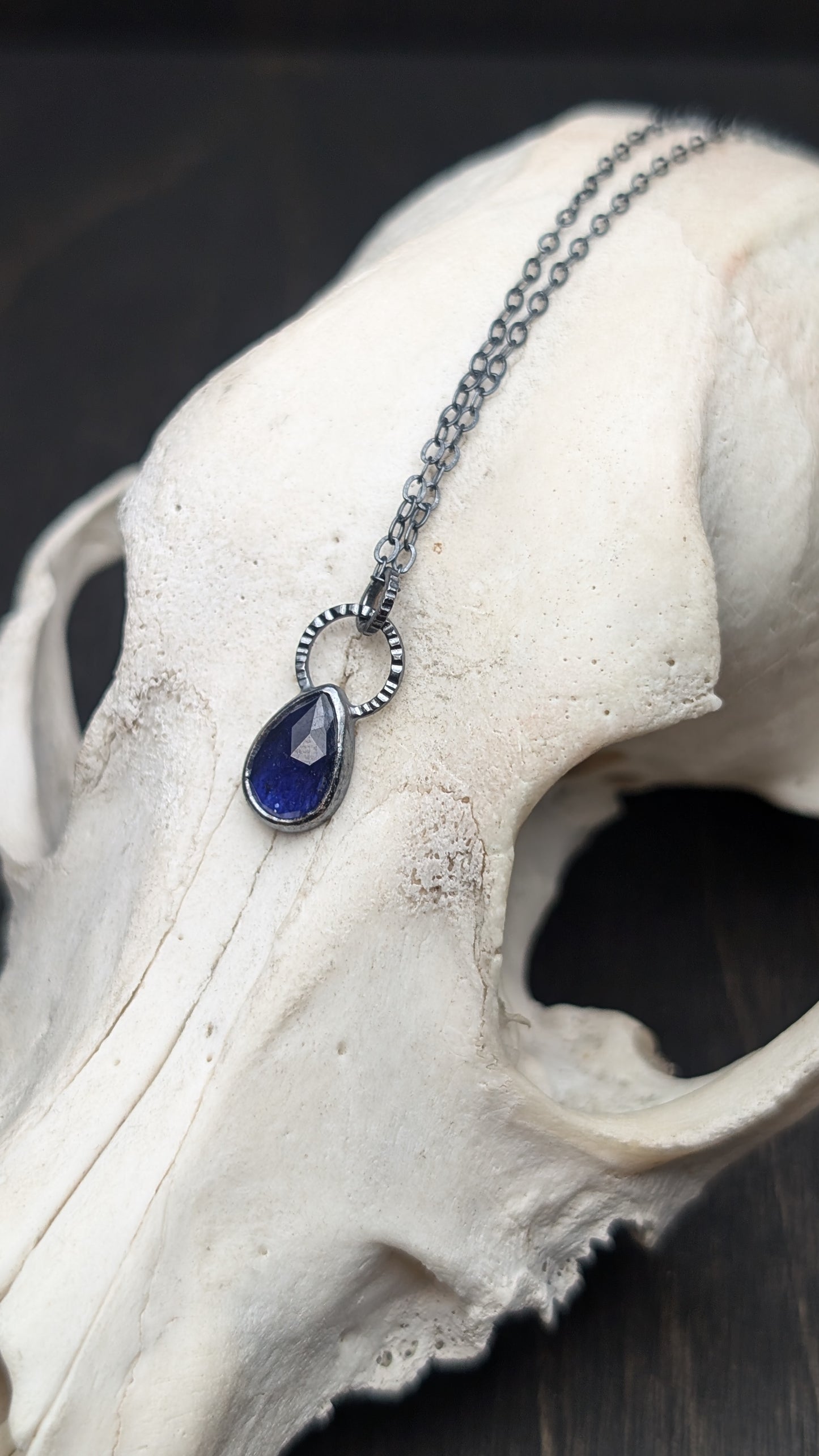 Thailand Blue Sapphire Teardrop Textured Sterling Silver Necklace