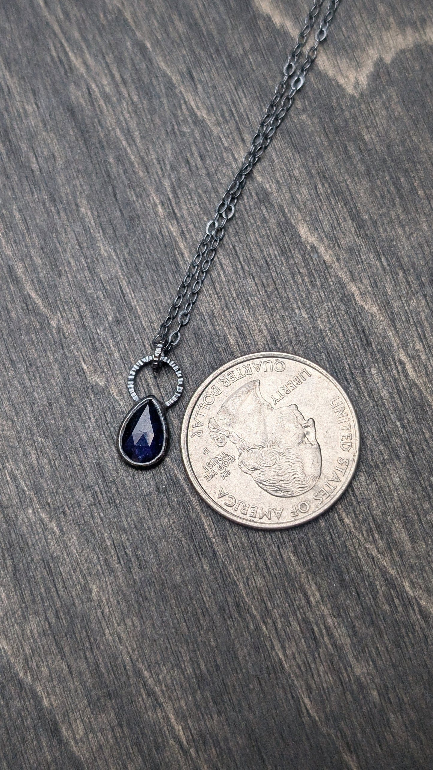 Thailand Blue Sapphire Teardrop Textured Sterling Silver Necklace