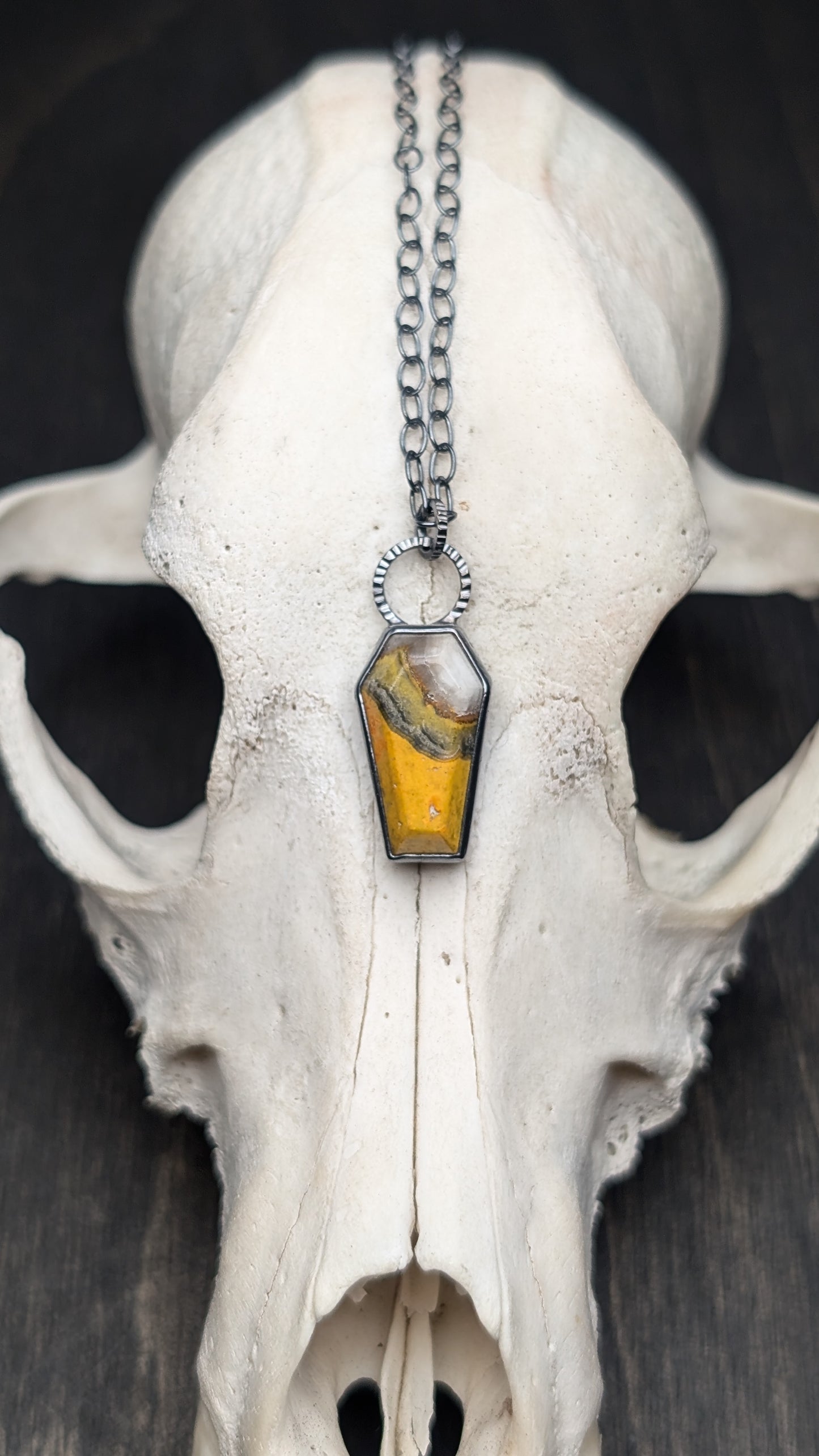 Bumble Bee Jasper Coffin Textured Sterling Silver Necklace