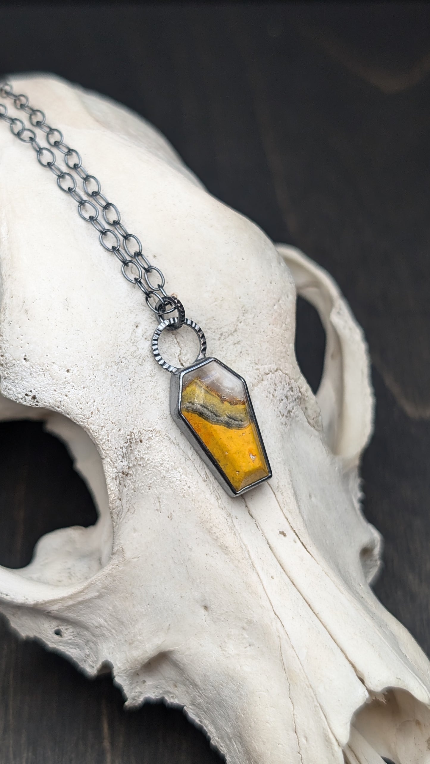 Bumble Bee Jasper Coffin Textured Sterling Silver Necklace