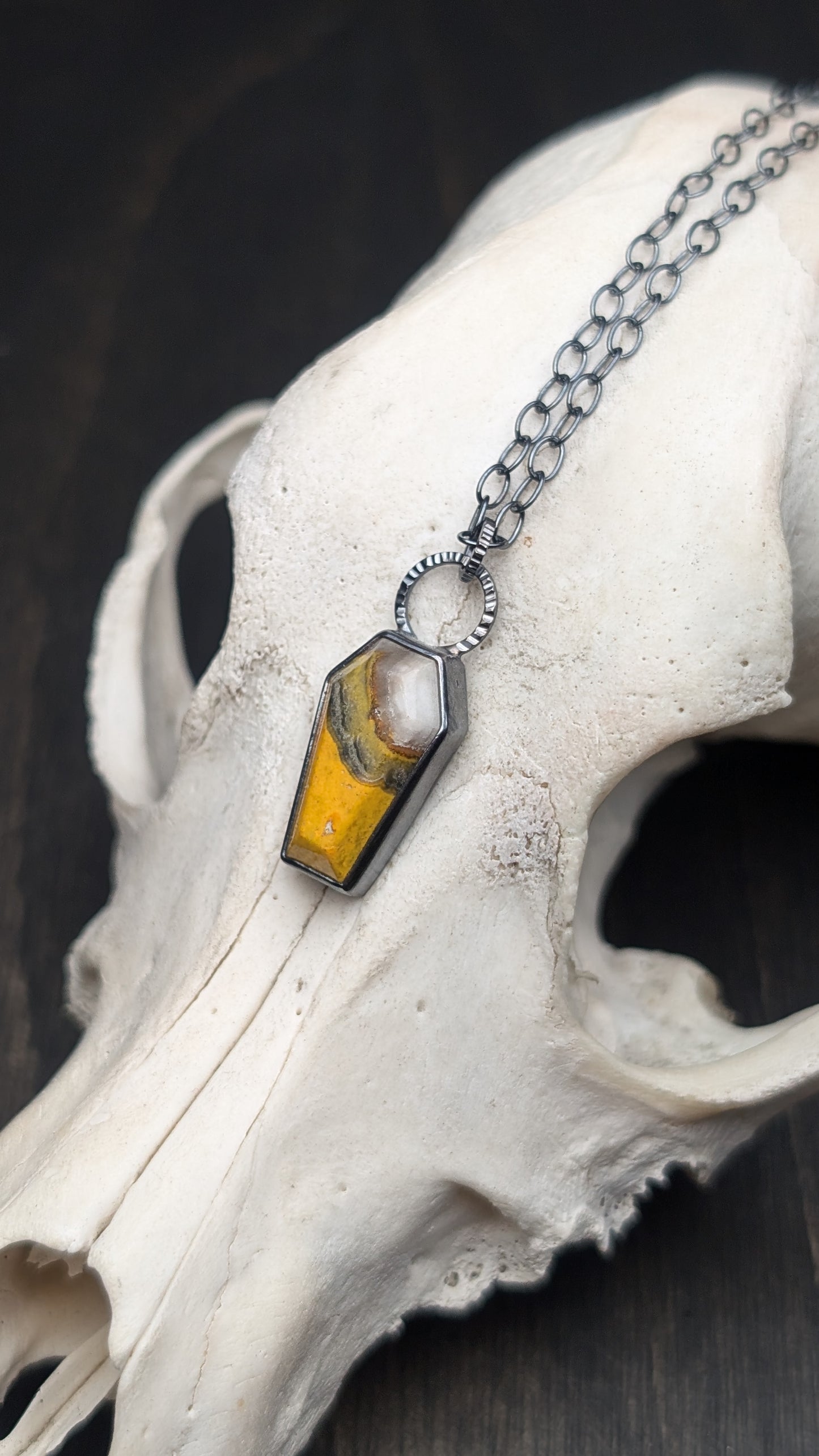 Bumble Bee Jasper Coffin Textured Sterling Silver Necklace
