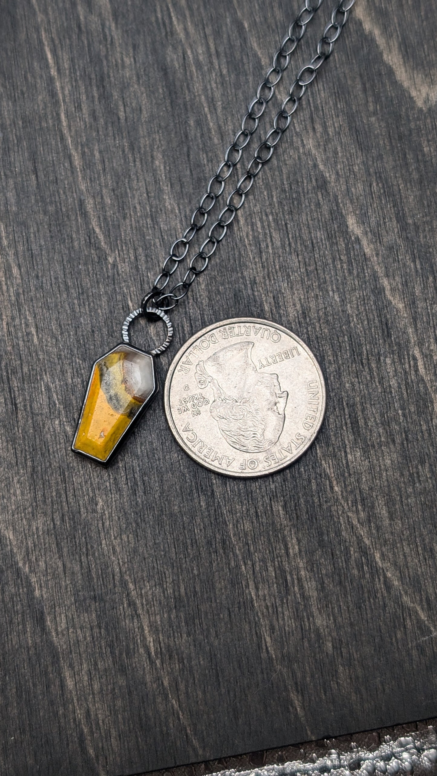 Bumble Bee Jasper Coffin Textured Sterling Silver Necklace
