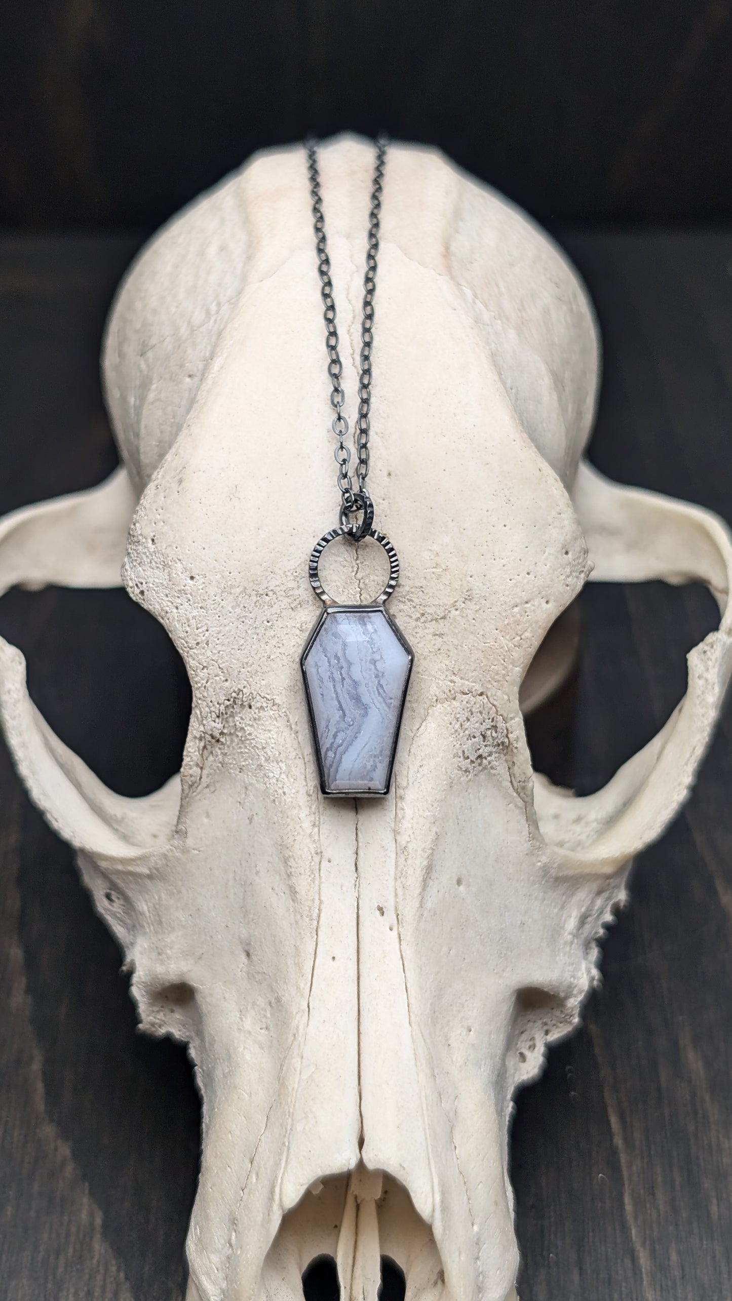 Blue Lace Agate Coffin Textured Sterling Silver Necklace