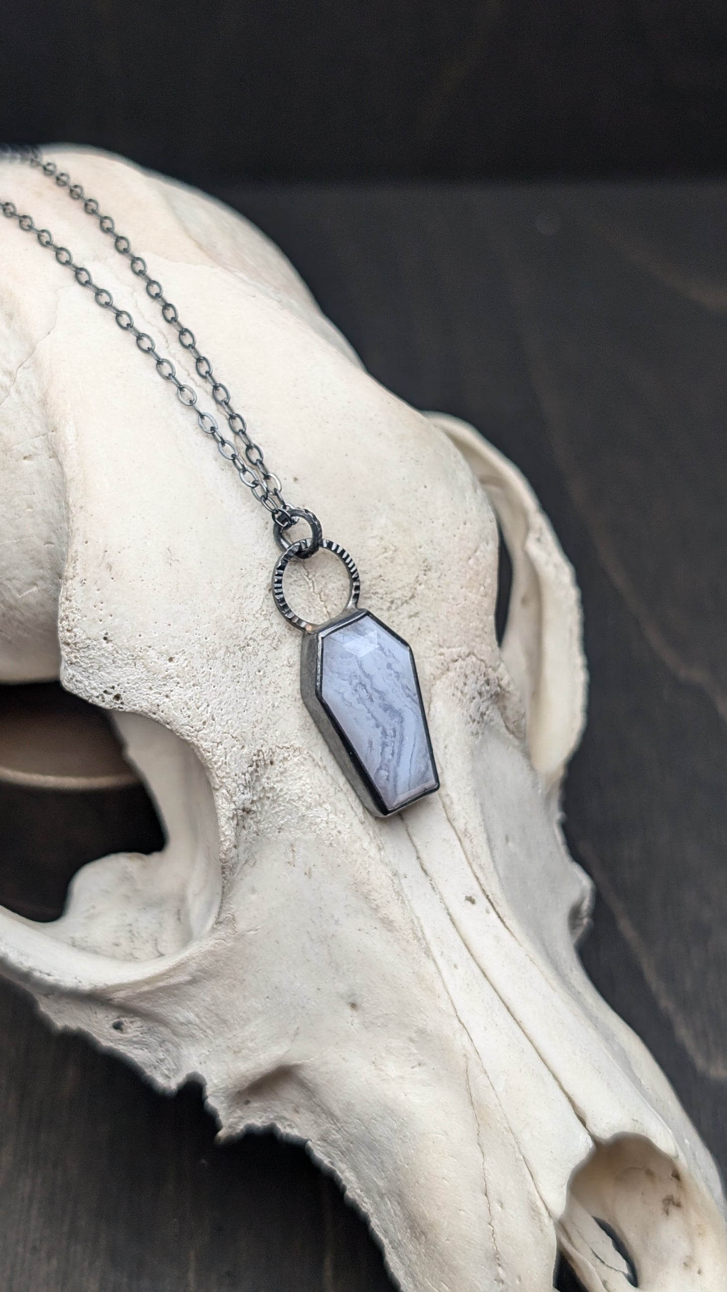Blue Lace Agate Coffin Textured Sterling Silver Necklace