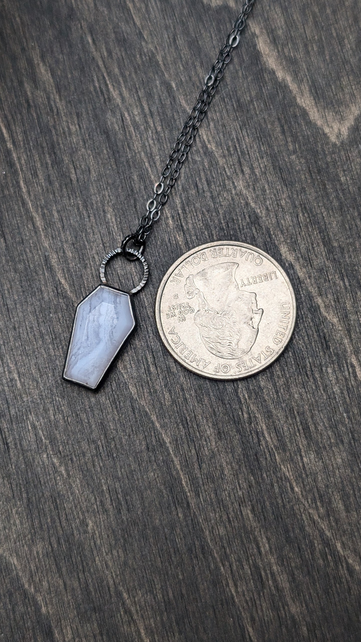 Blue Lace Agate Coffin Textured Sterling Silver Necklace