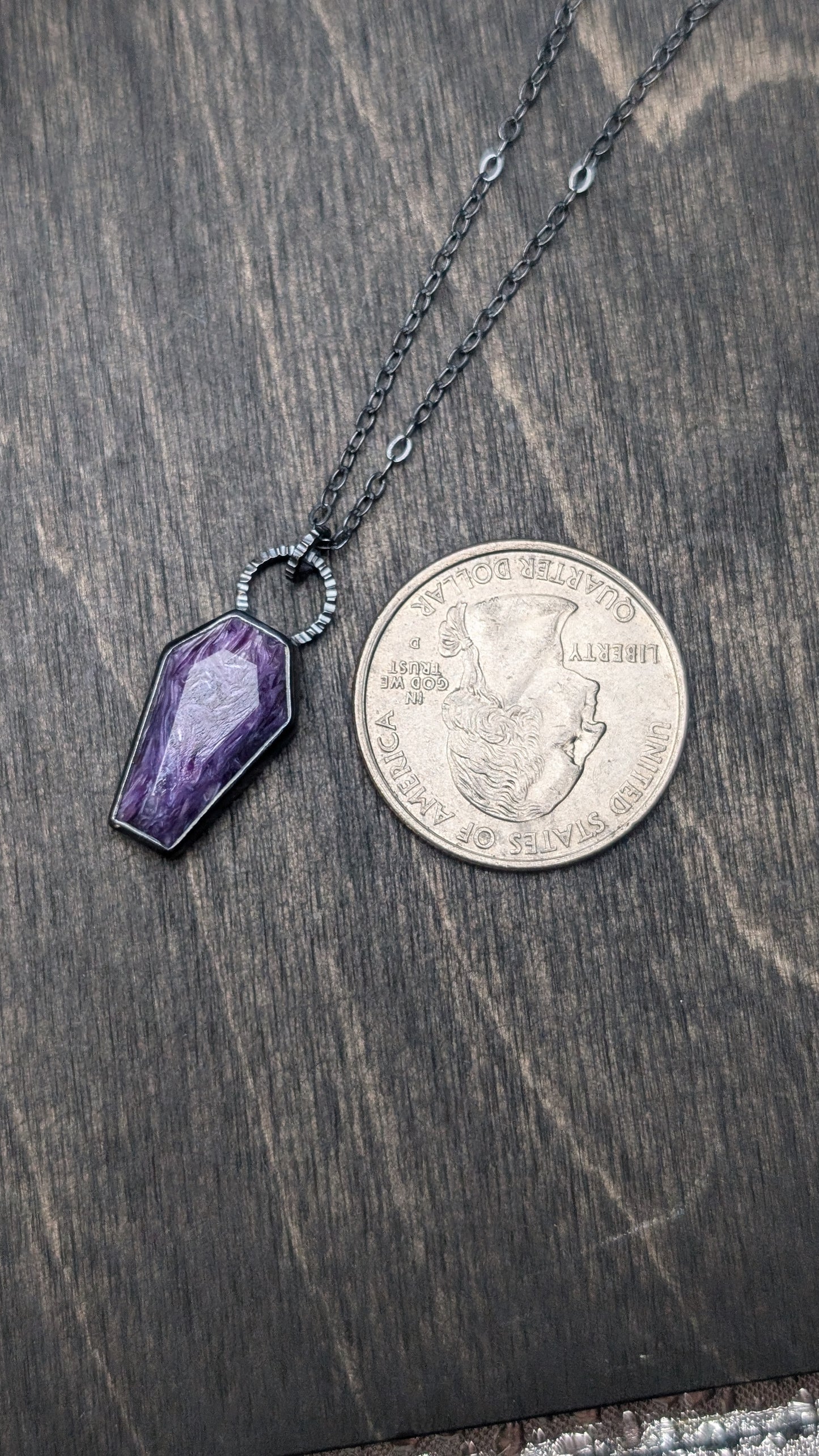 Charoite Coffin Textured Sterling Silver Necklace