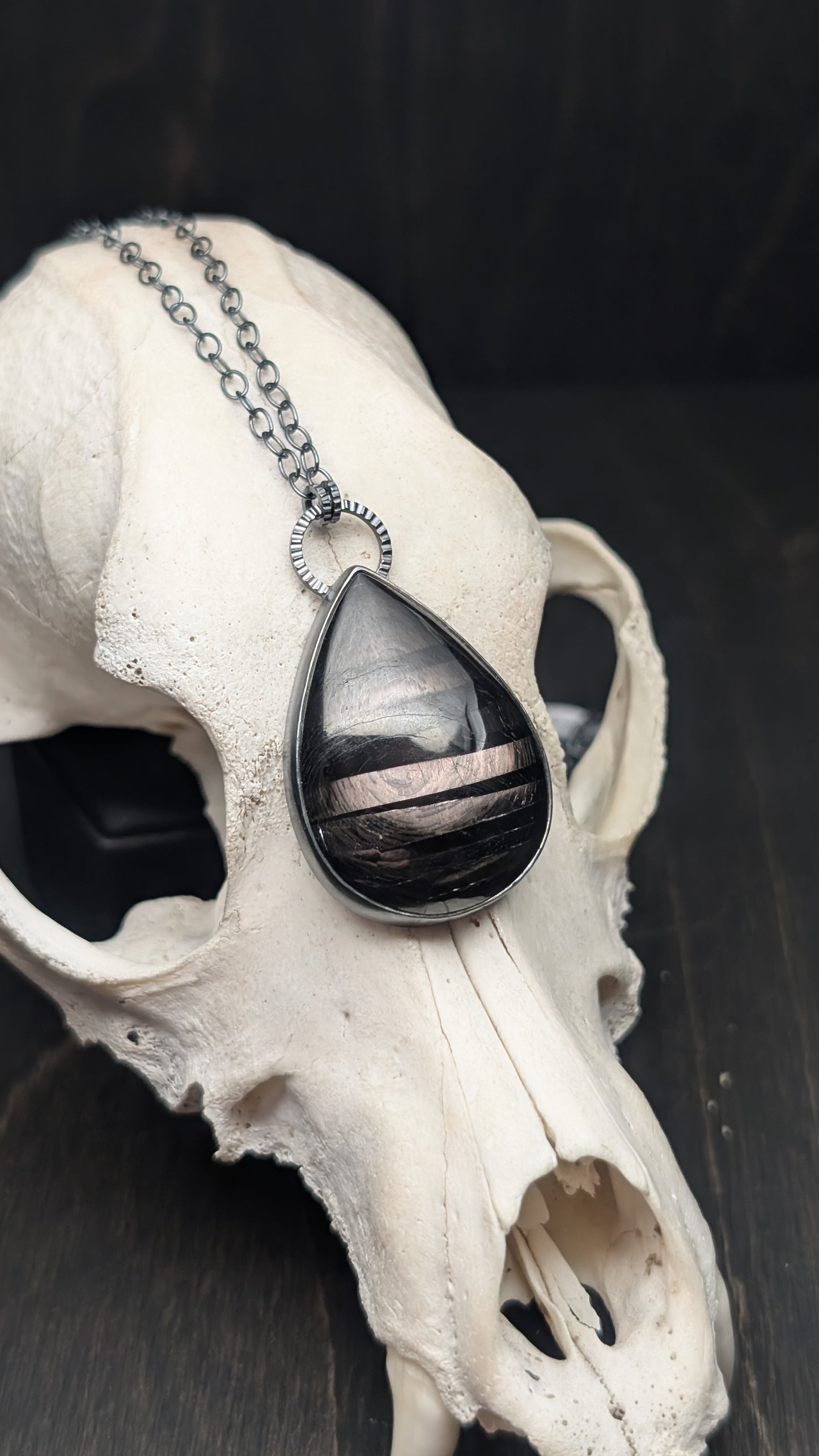 XL Teardrop Hypersthene Textured Sterling Silver Necklace