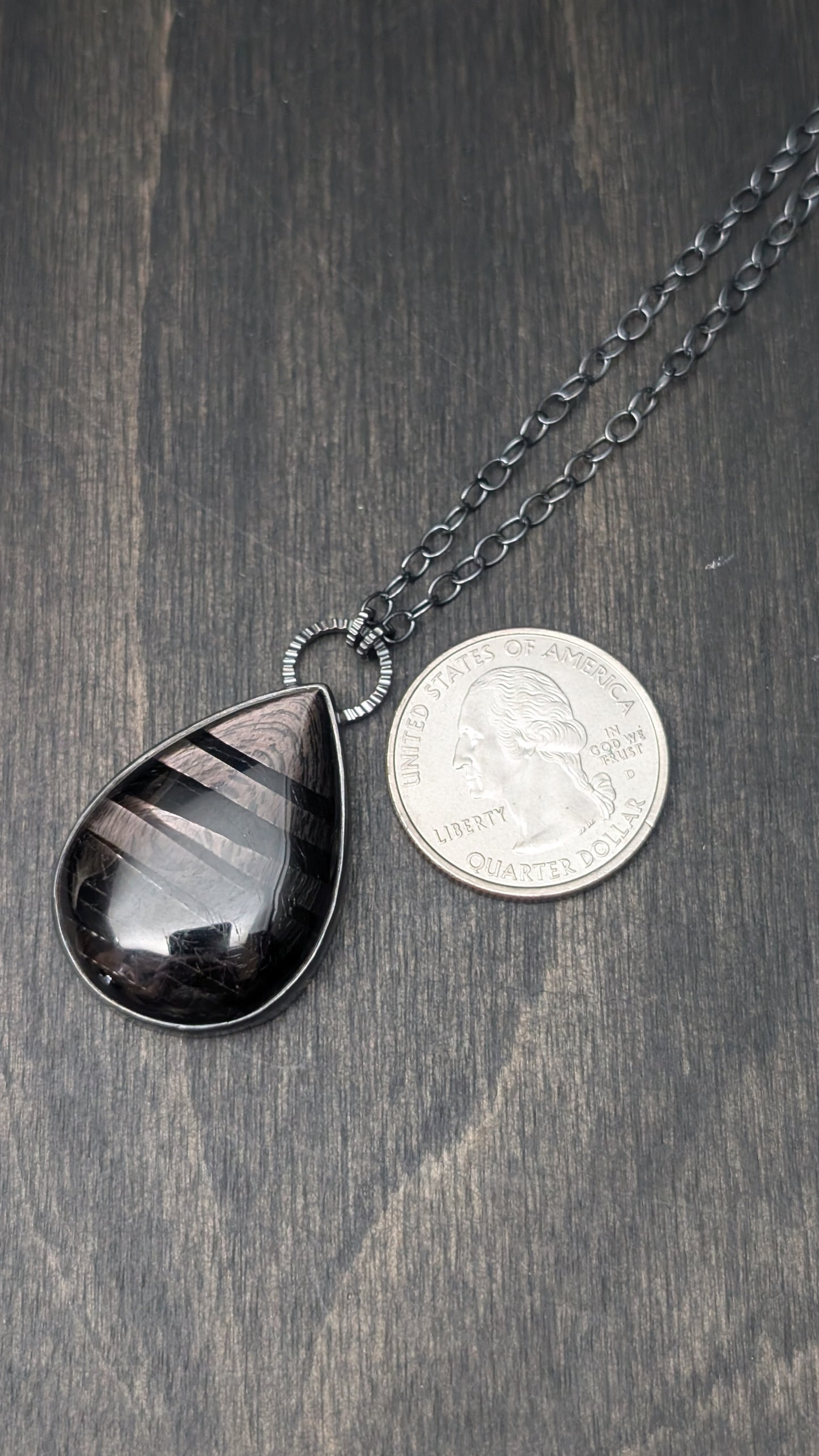 XL Teardrop Hypersthene Textured Sterling Silver Necklace