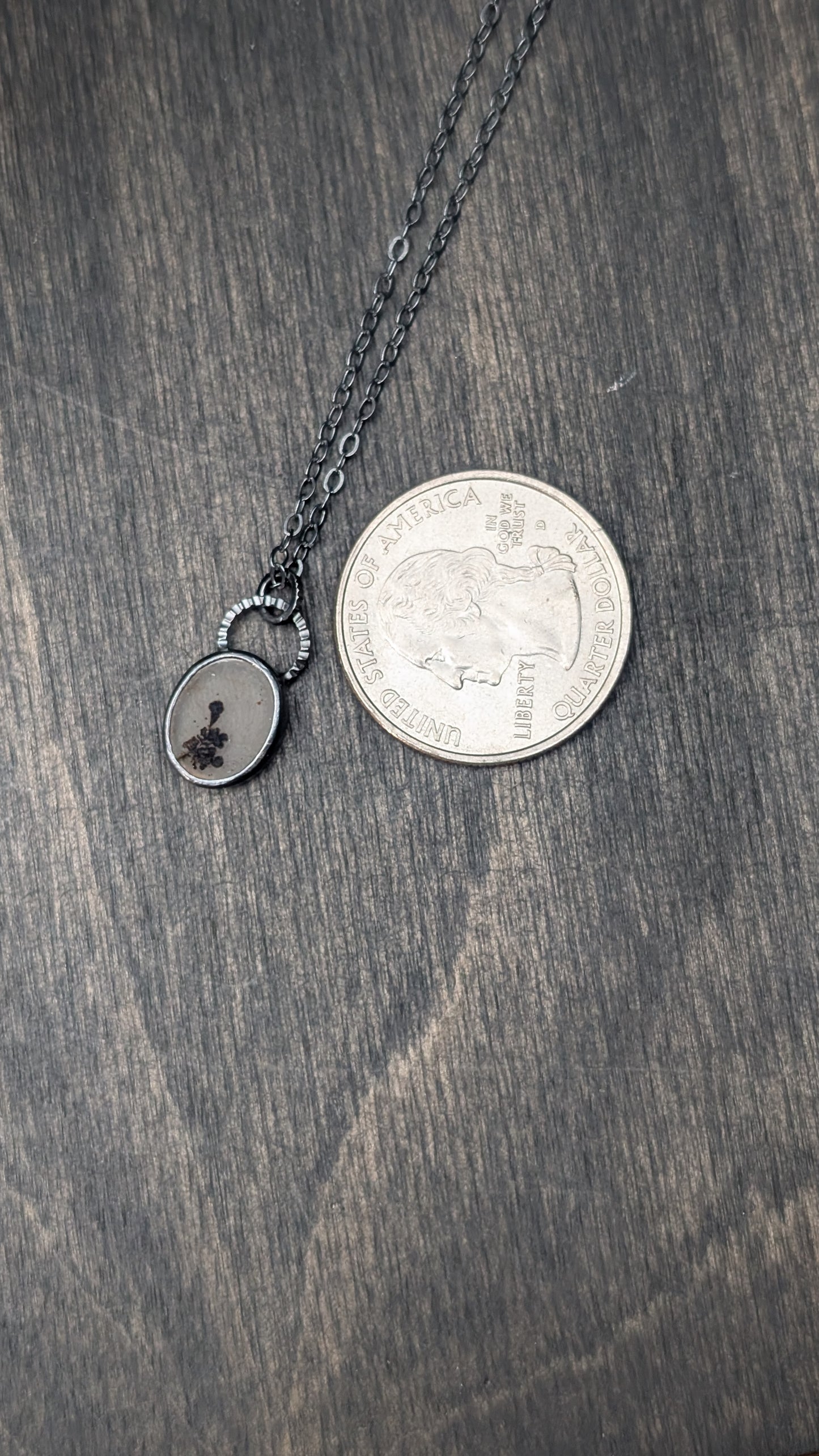 Dainty Oval Dendritic Agate Slice Textured Sterling Silver Necklace