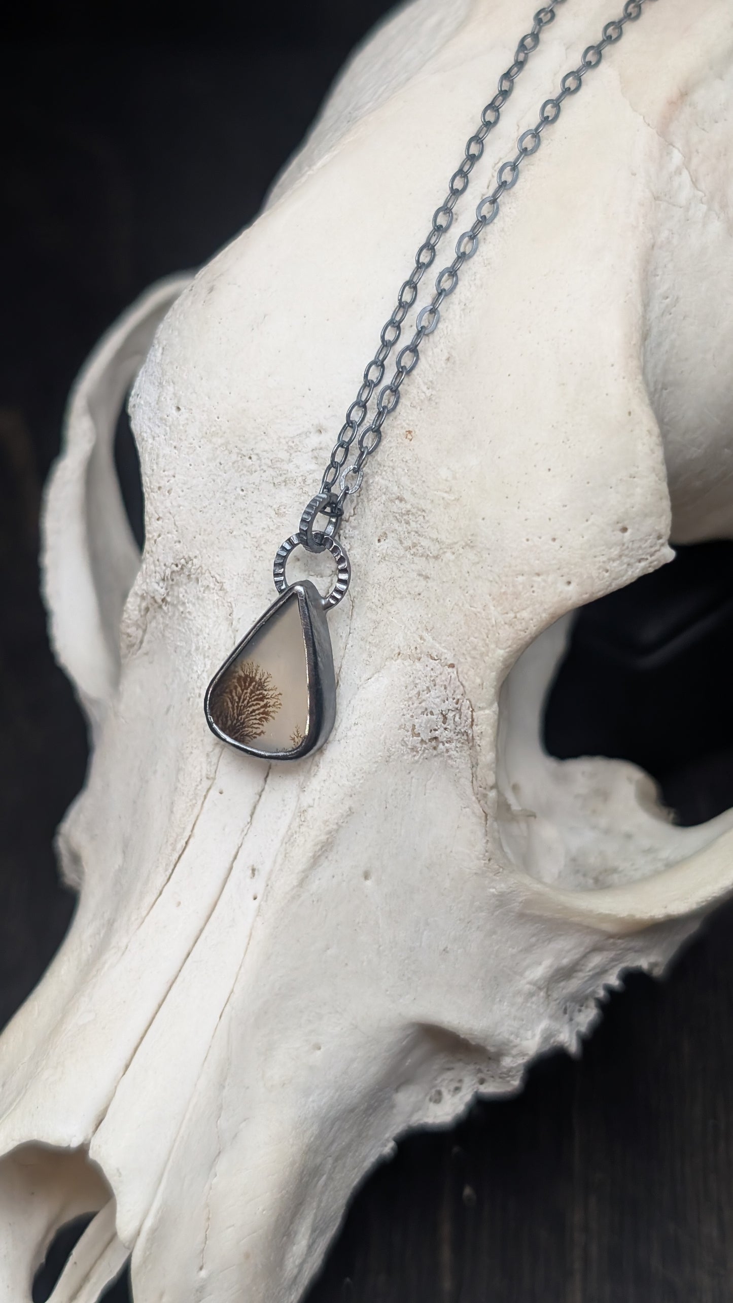 Dainty Teardrop Dendritic Agate Slice Textured Sterling Silver Necklace