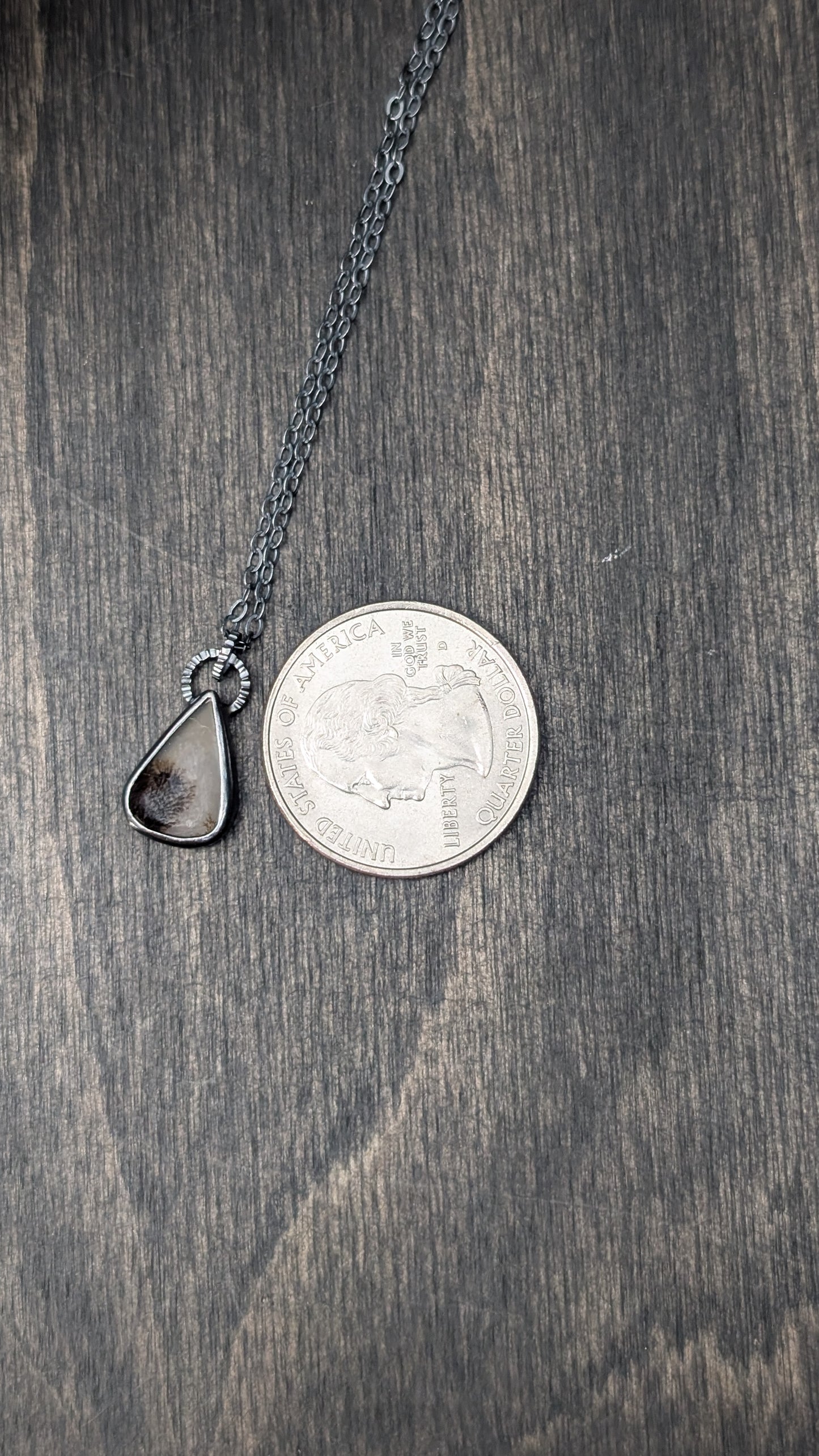 Dainty Teardrop Dendritic Agate Slice Textured Sterling Silver Necklace