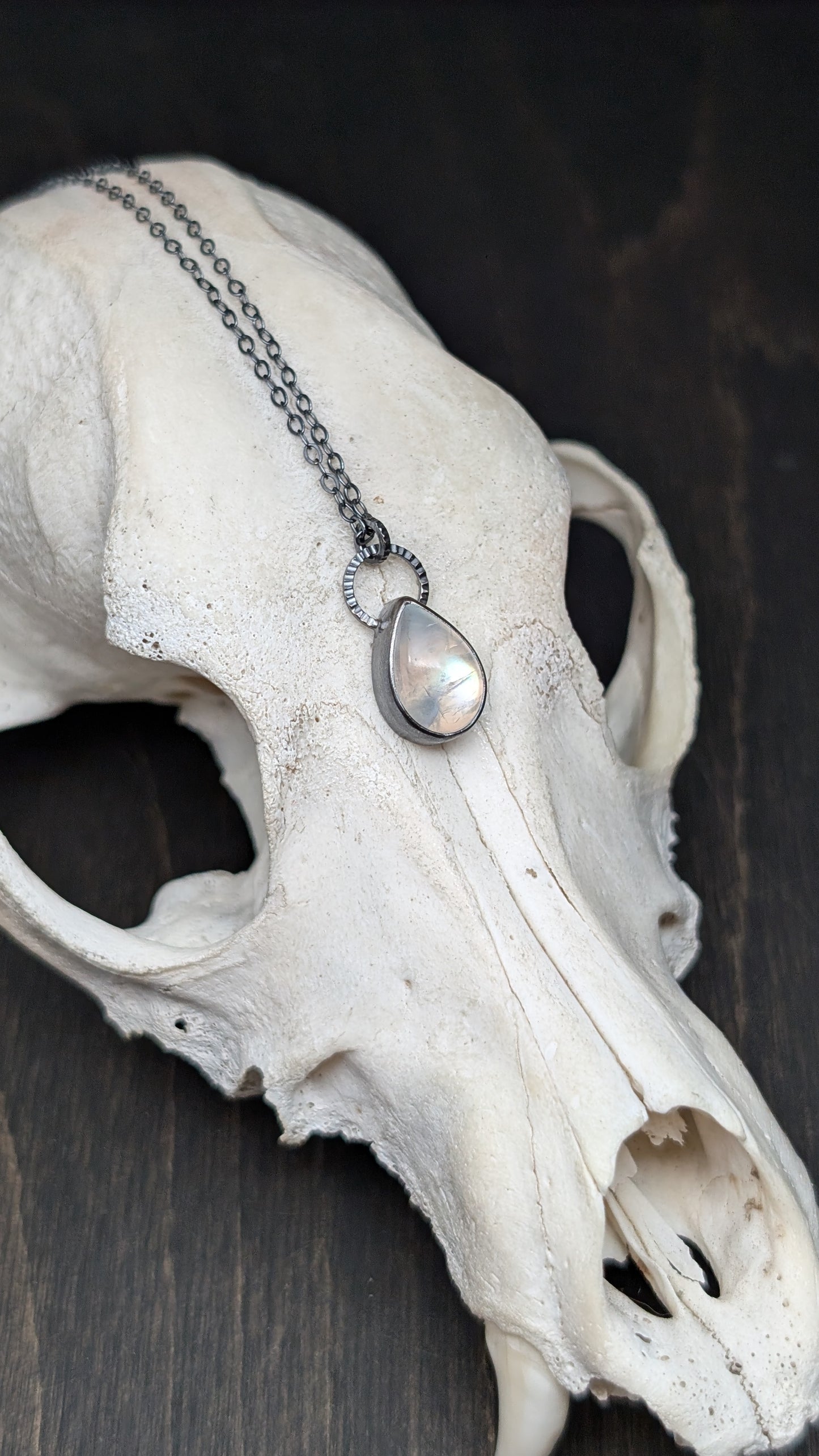 Teardrop Rainbow Moonstone Textured Sterling Silver Necklace